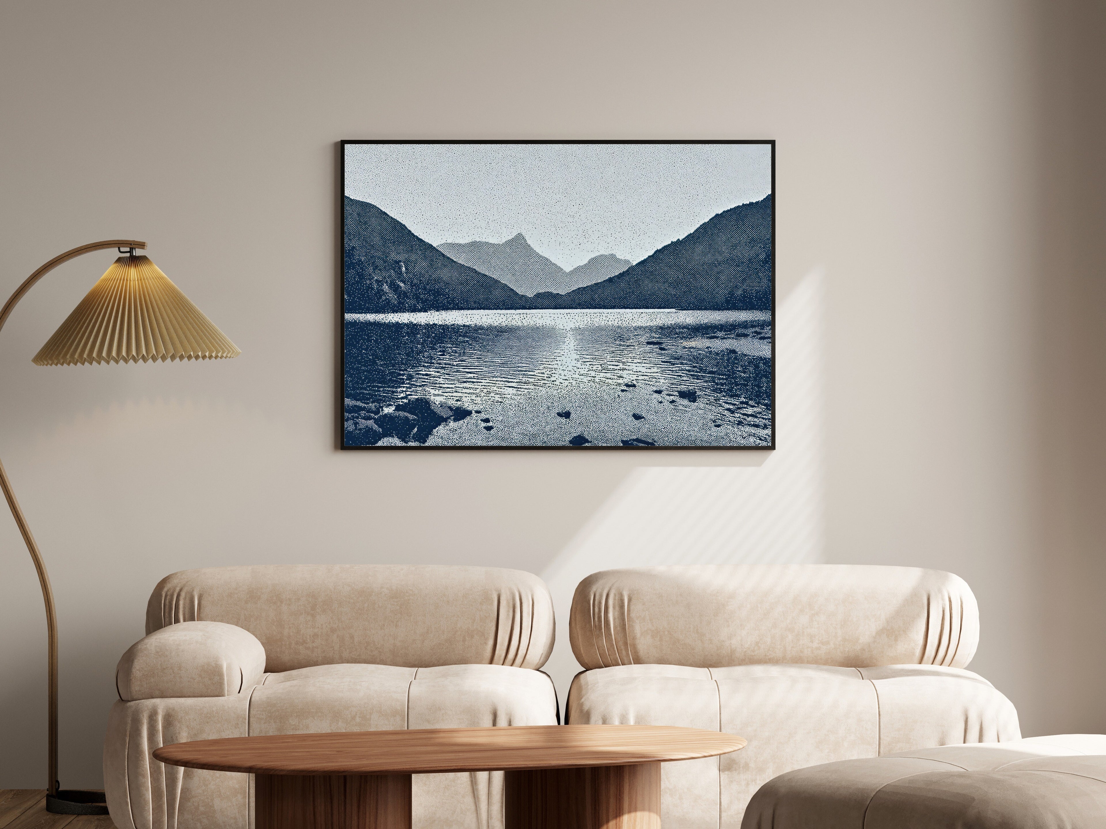 Loch & Mountain Halftone Wall Art | Slate Grey Graphic Print | Tranquil Highland Landscape — room-l-living-black