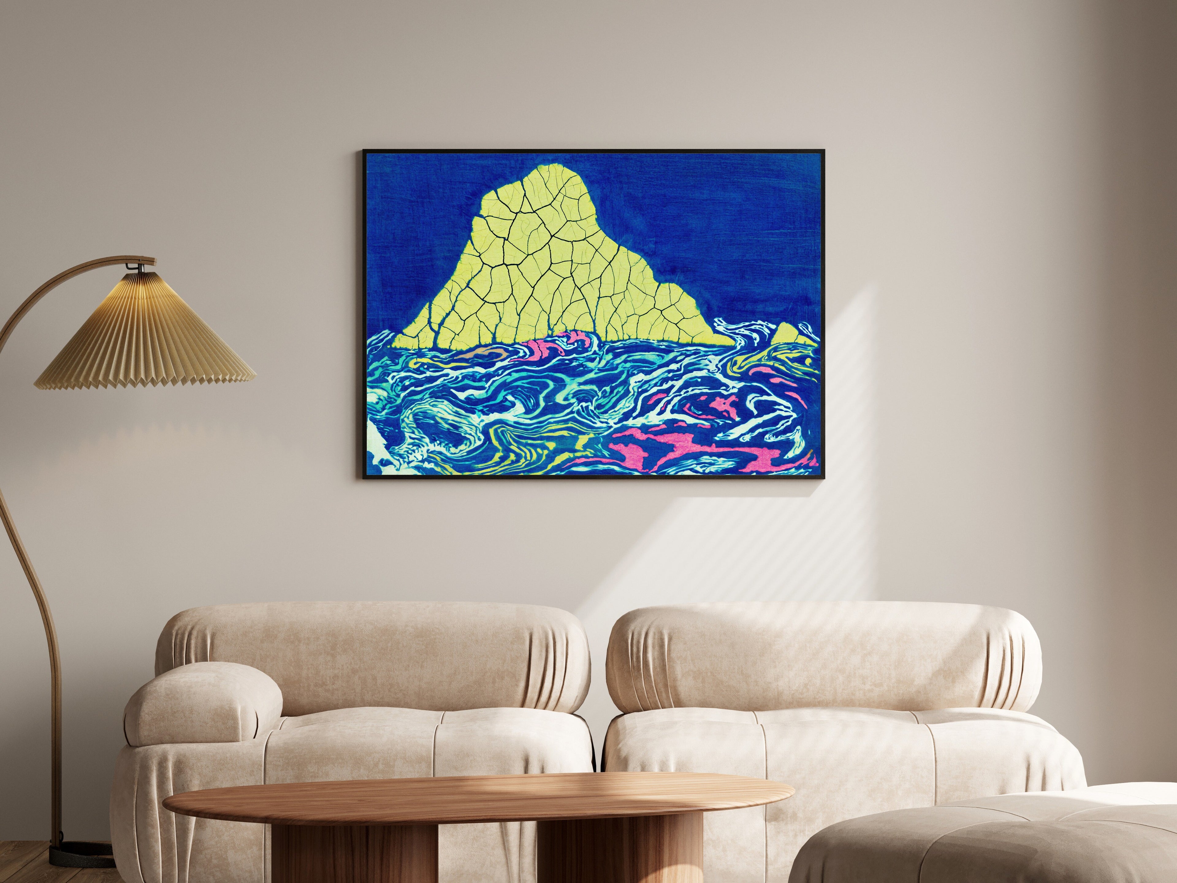 Abyssal Seamount Wall Art Print, Batik Ocean Landscape in Muted Sulphur, Cyan & Fuchsia | Giclée — room-l-living-black