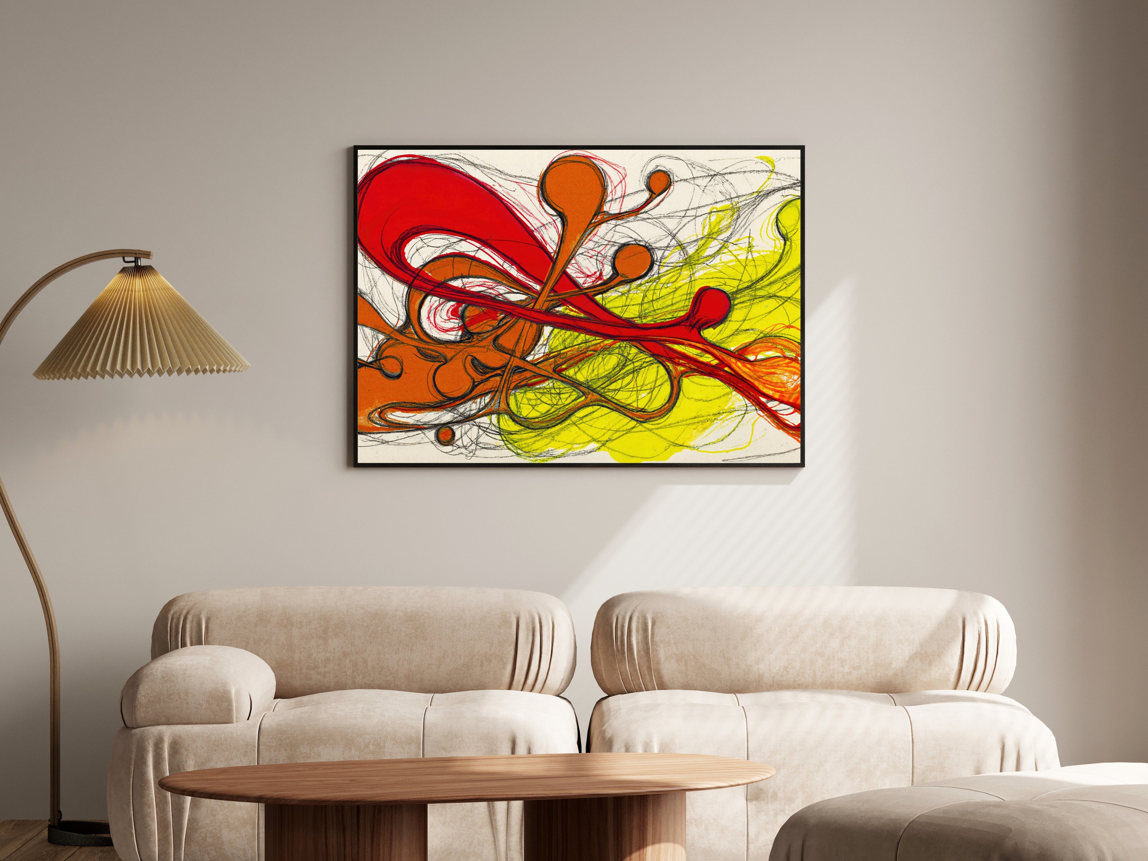 Fluid Embers, Gestural Abstract Art Print | Crimson, Burnt Orange & Yellow Wall Art — room-l-living-black