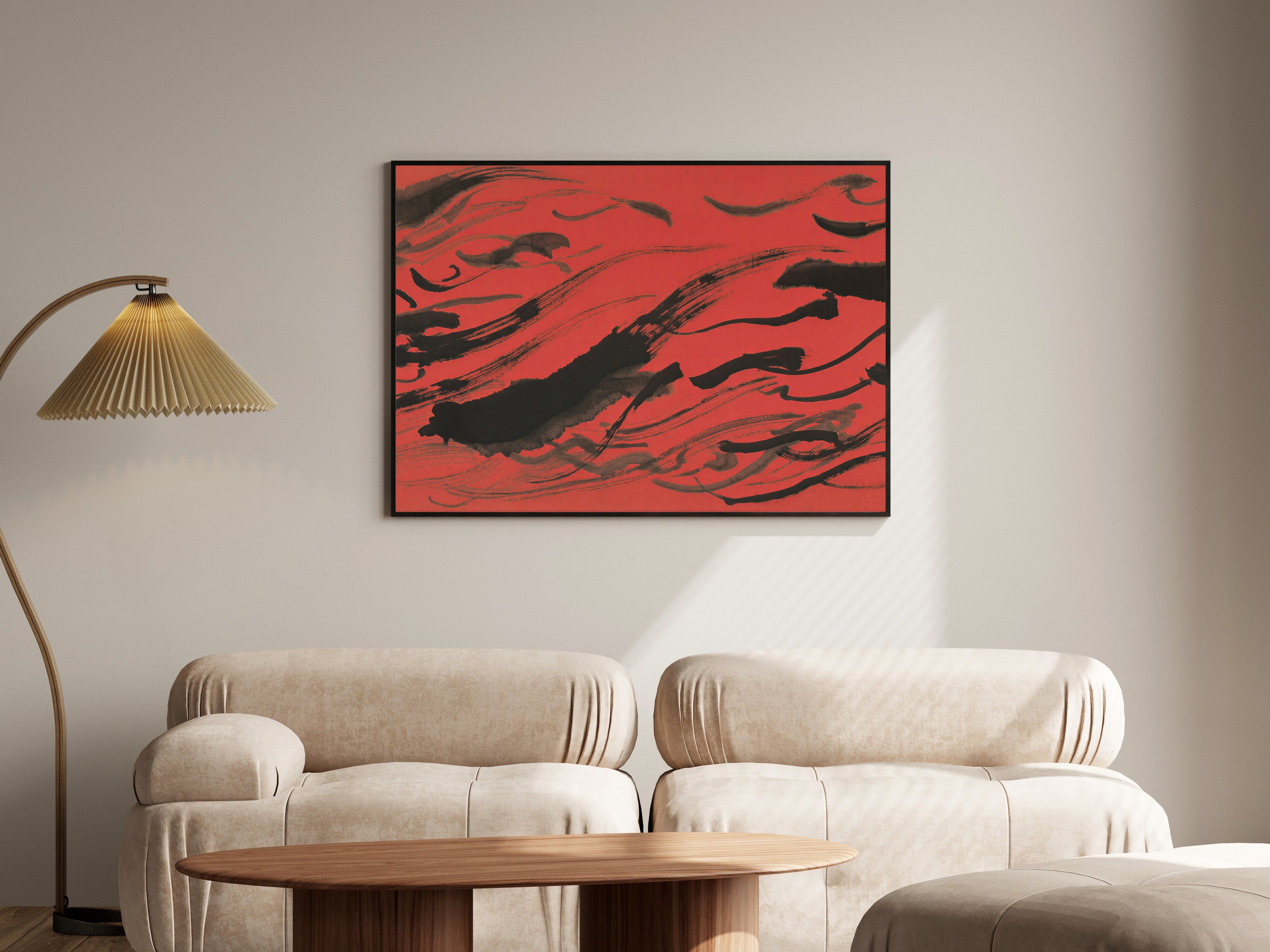 Vermillion Storm, Gestural Sumi-e Ink Wall Art | Charcoal Art Print in Landscape — room-l-living-black