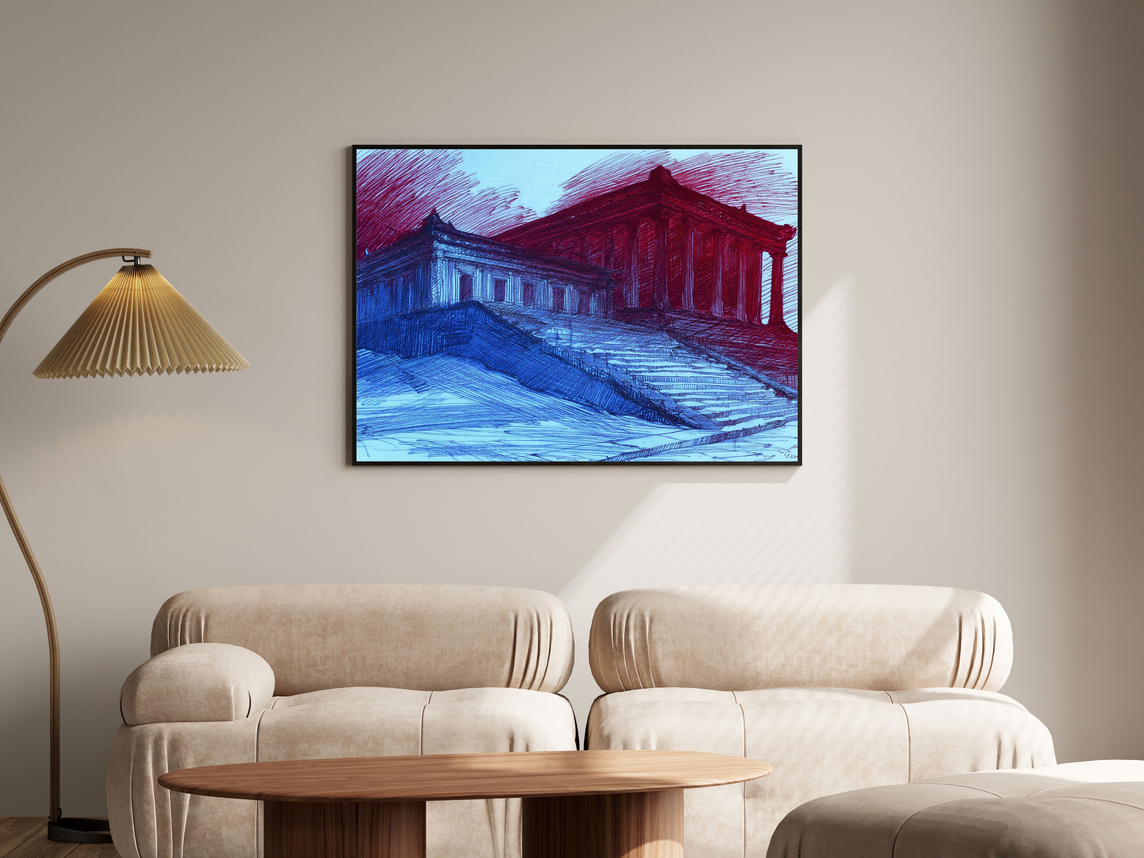 Kizhakemuri | Crimson & Azure Charcoal Wall Art | Expressive Architectural Art Print — room-l-living-black