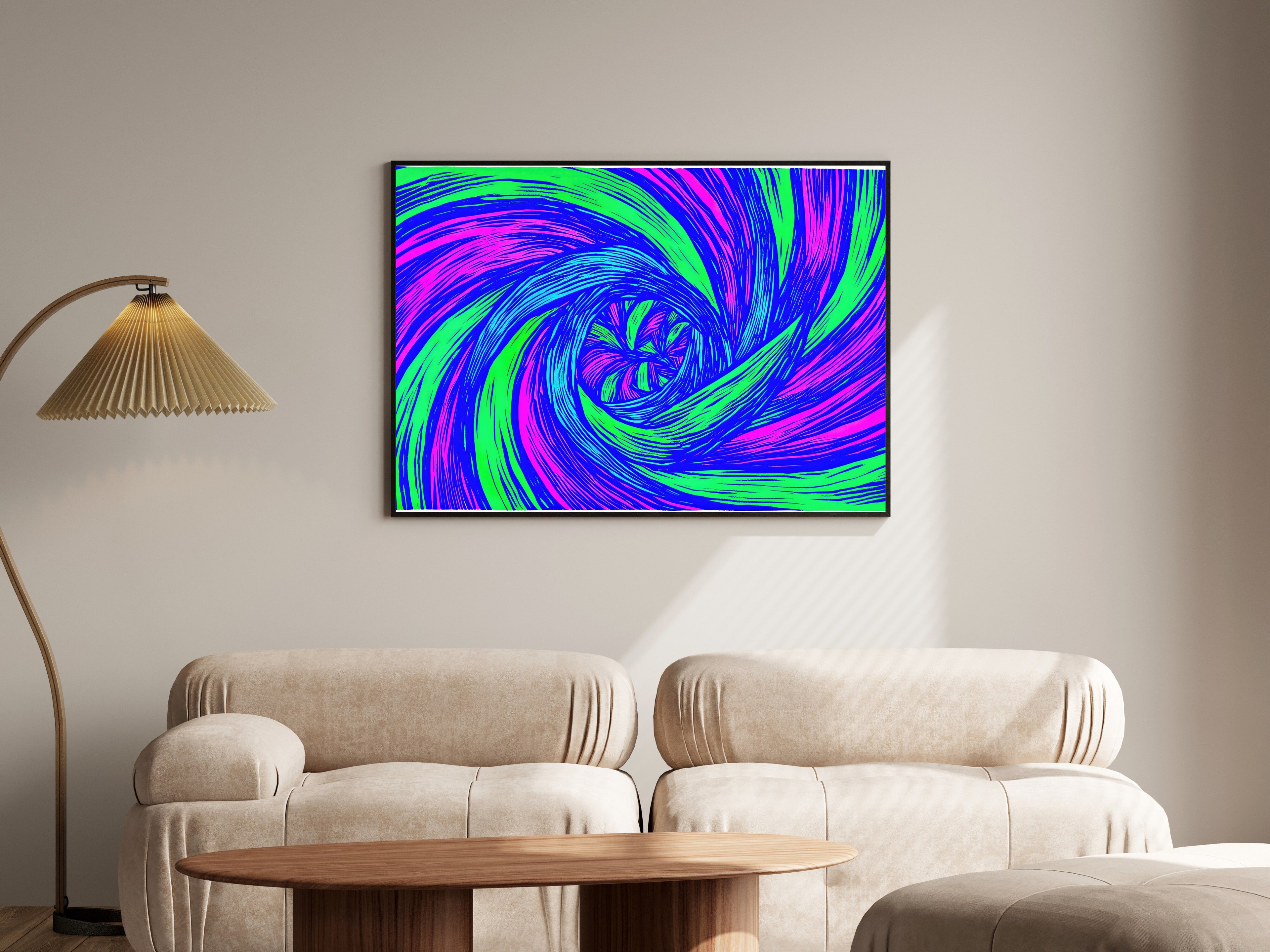 Electric Vortex Linocut Art Print, Neon Violet & Acid Green Abstract Spiral Wall Art — room-l-living-black