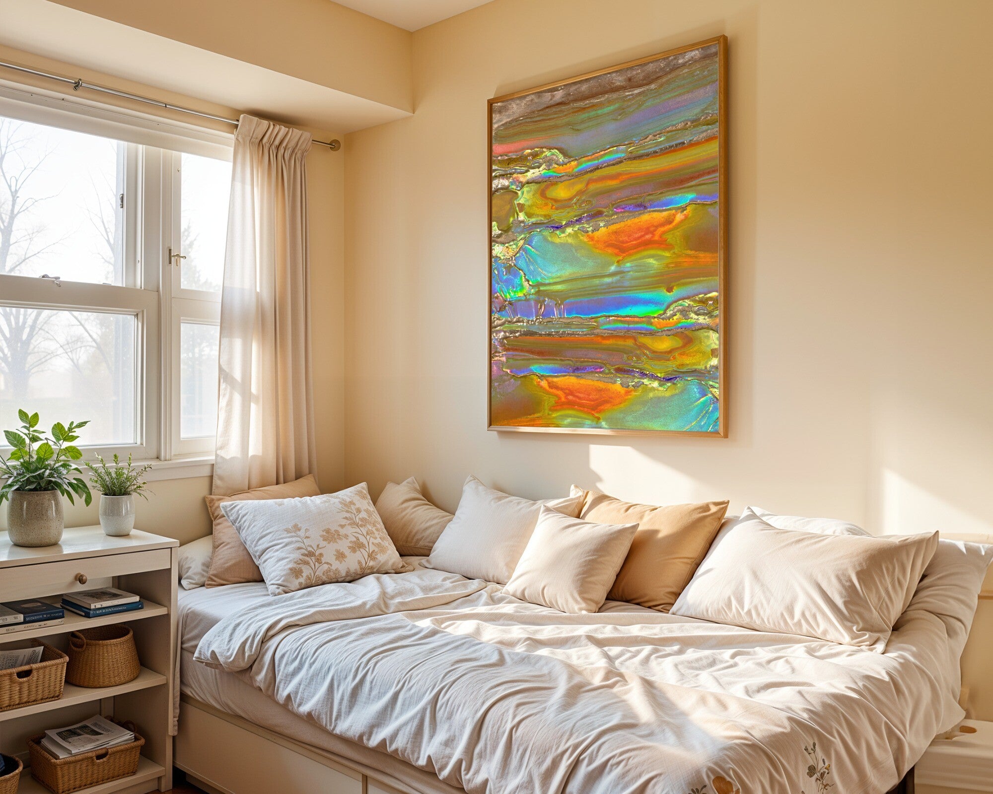 Sage & Umber · Abstract Monoprint Wall Art | Earthy Geometric Art Print — room-p-bed-gold