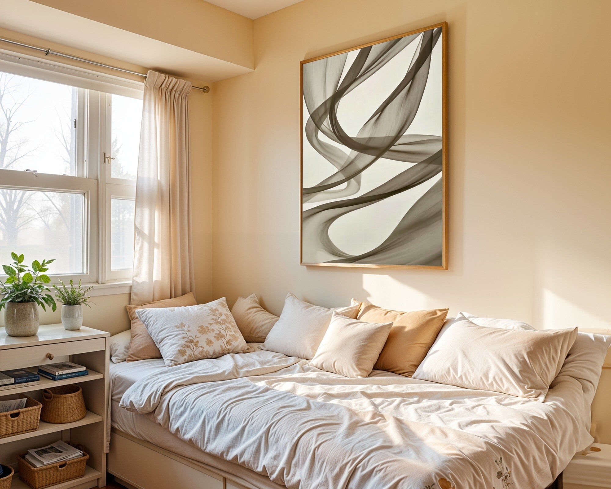 Flowing Silk Filaments Wall Art | Art Nouveau Whiplash | Monochrome Abstract Print — room-p-bed-gold