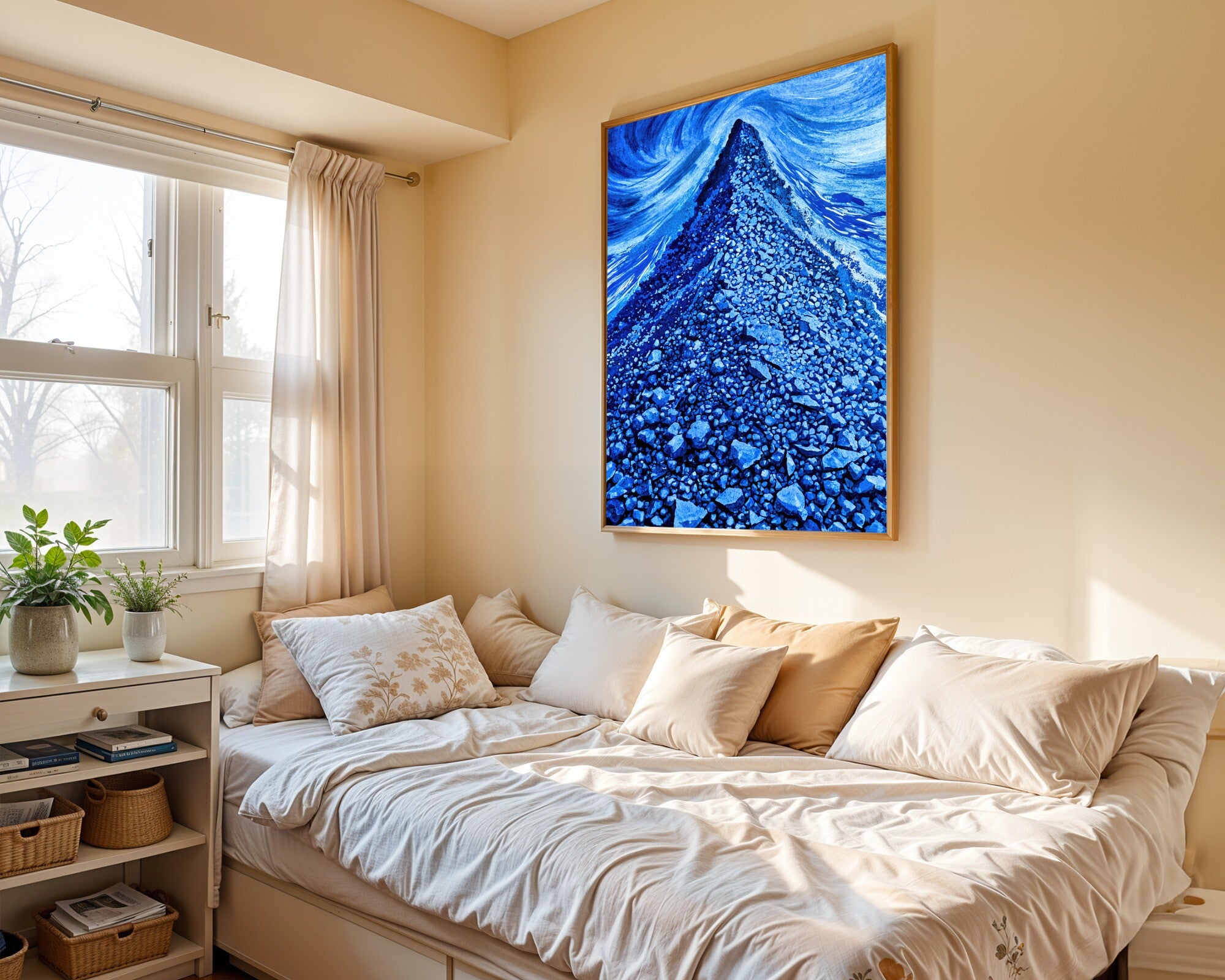 Cobalt Scree, Abstract Monochrome Wall Art | Dark Blue Gestural Art Print — room-p-bed-gold