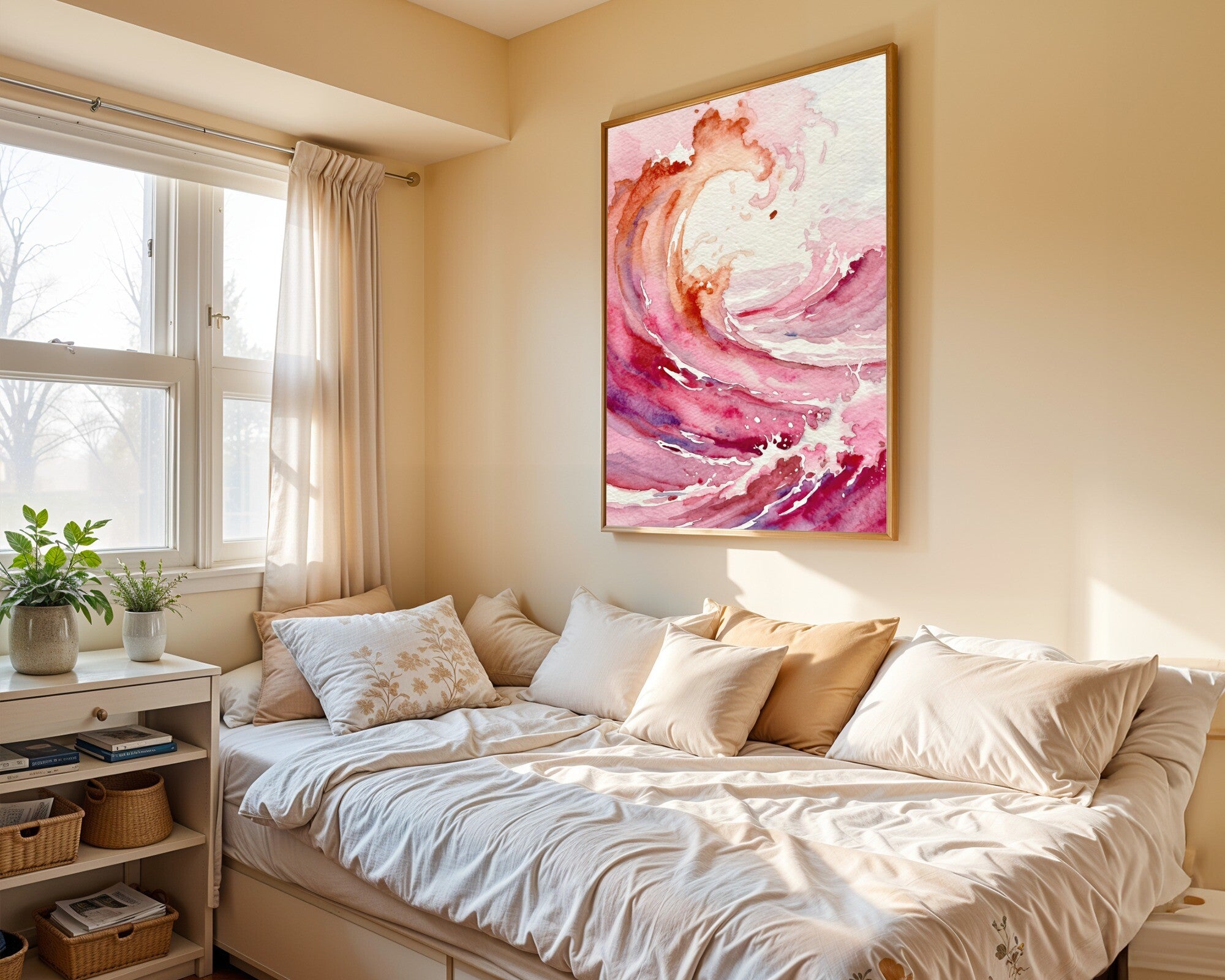 Crimson Tide Watercolour Wall Art Print, Seascape in Raspberry Blush and Rust — room-p-bed-gold