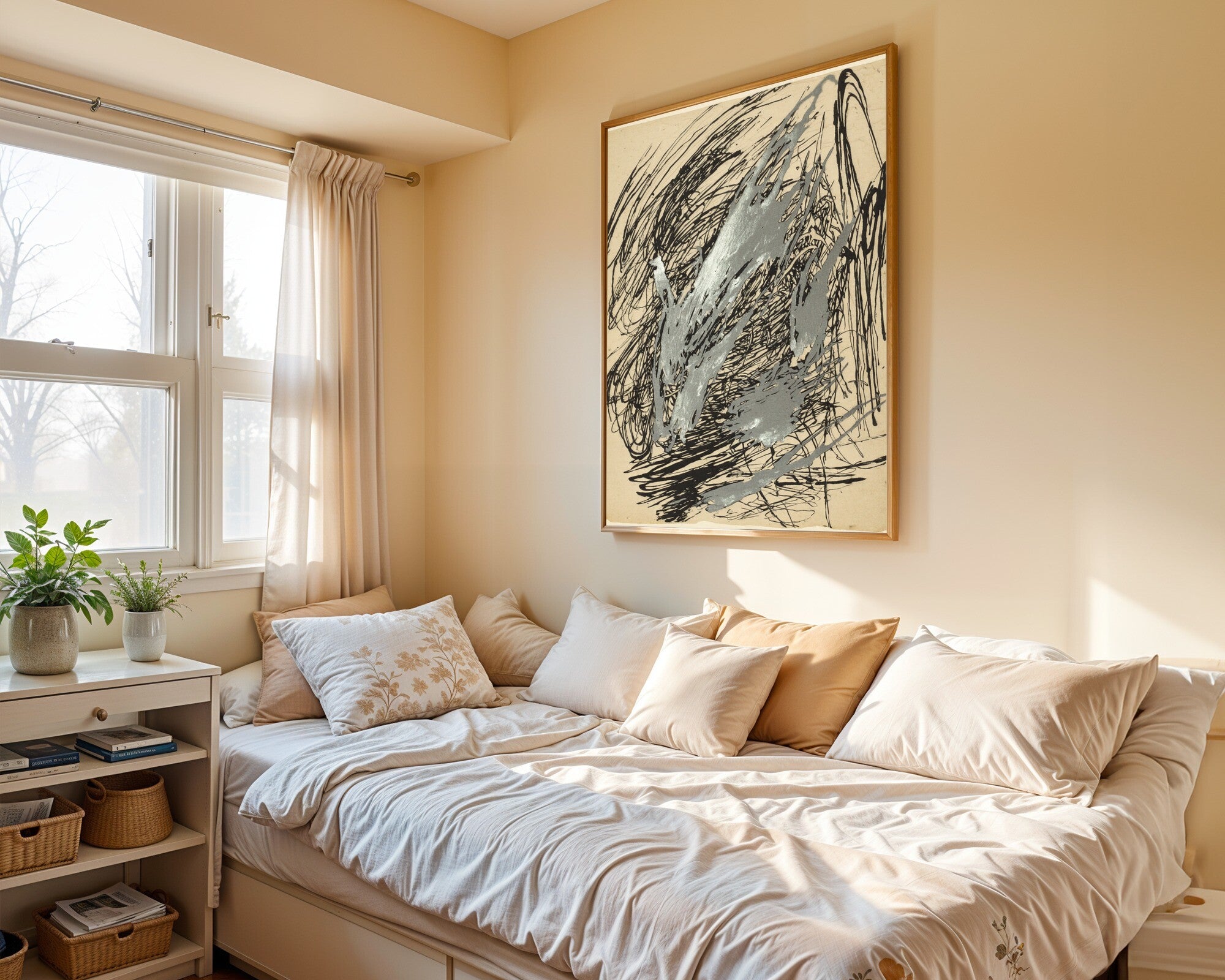 Raw Motion, Gestural Abstract Art Print | Wall Art in Off-Black & Pewter — room-p-bed-gold