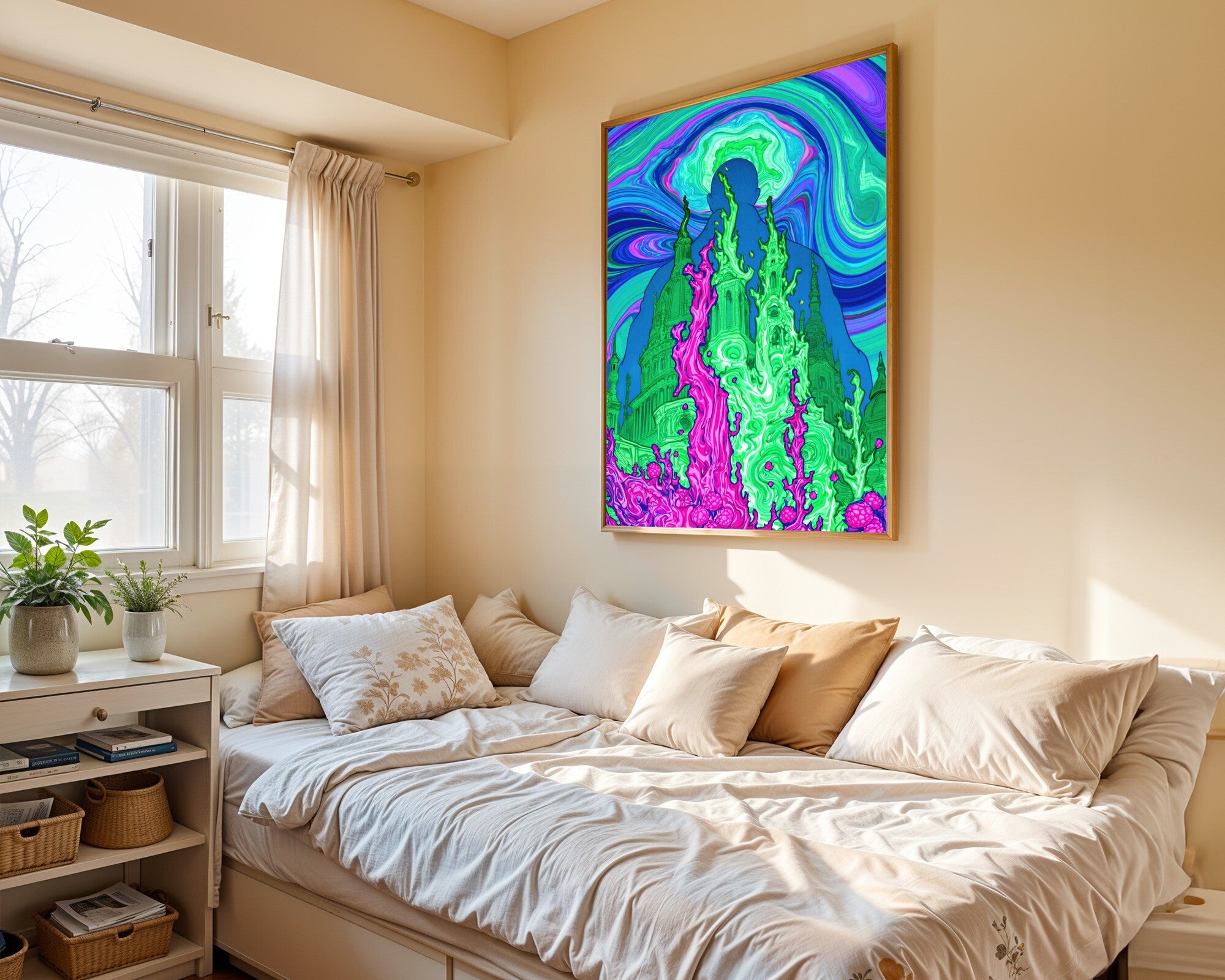 Celestial Architect, Psychedelic Cityscape Wall Art | Liquid-Light Abstract Art Print — room-p-bed-gold