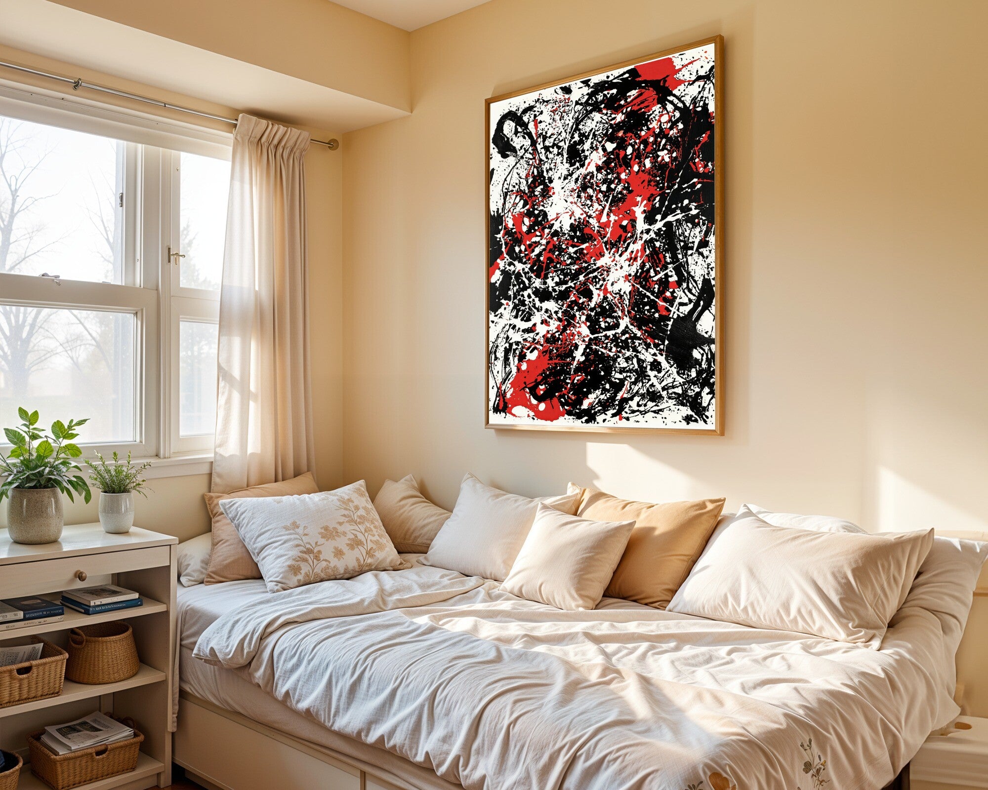 Turbulent Gestural Chaos, Black & Vermilion Abstract Art Print | Bold Monoprint Wall Art — room-p-bed-gold
