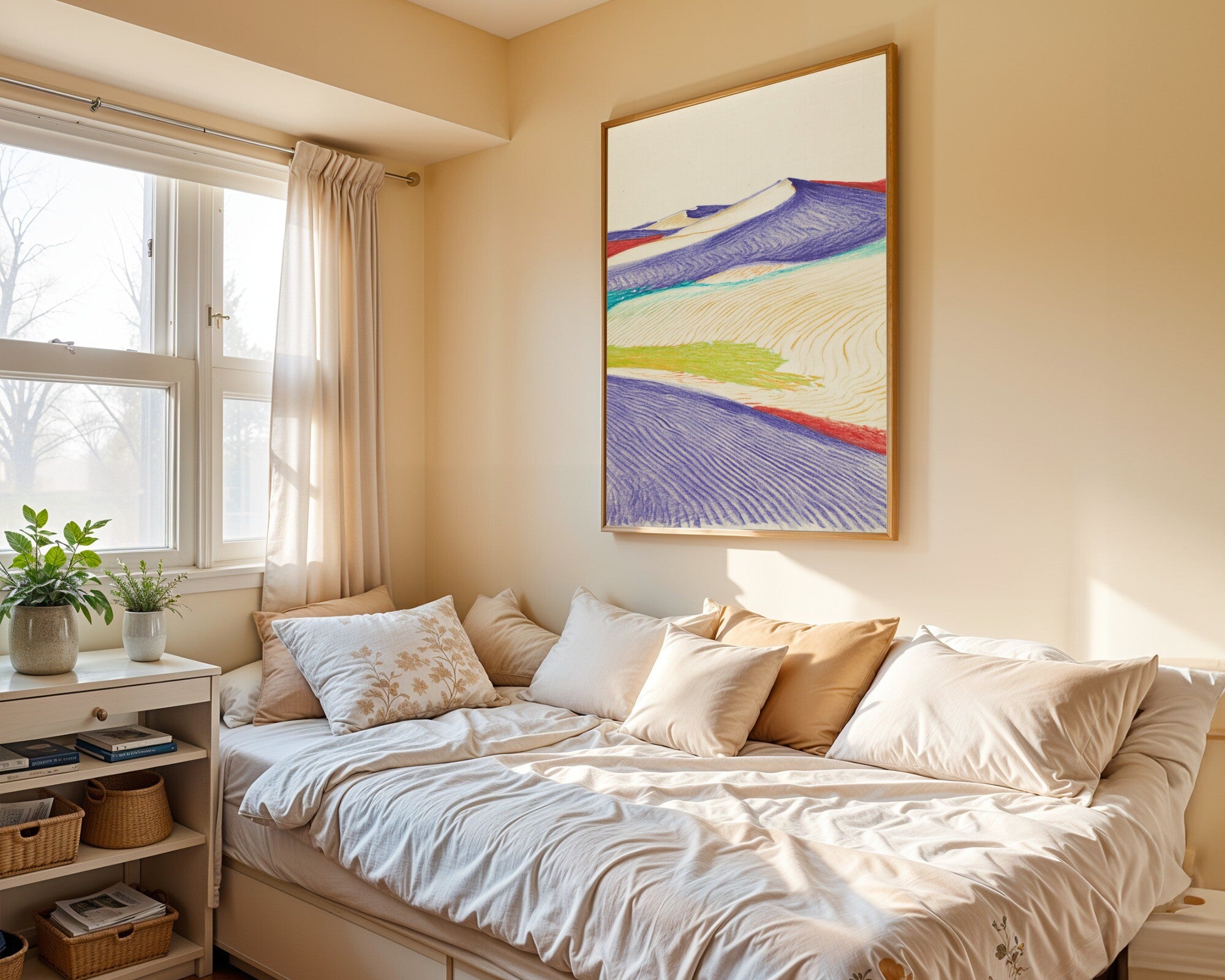 Silverpoint Desert Dunes, Minimalist Landscape Art Print | Violet Crimson Turquoise Wall Art — room-p-bed-gold