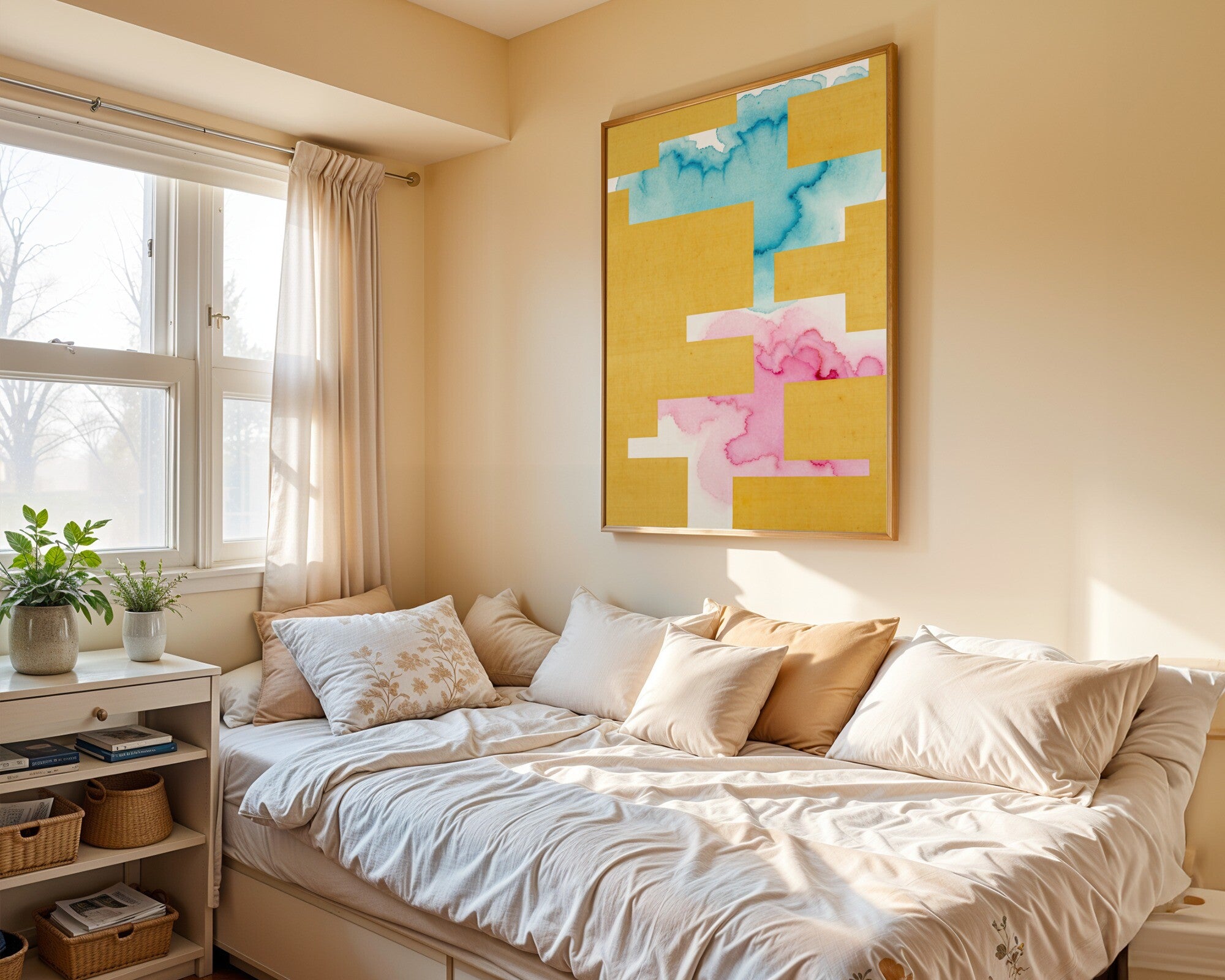 Triadic Bloom, Geometric Watercolour Art Print | Sulphur, Cyan & Fuchsia Wall Art — room-p-bed-gold