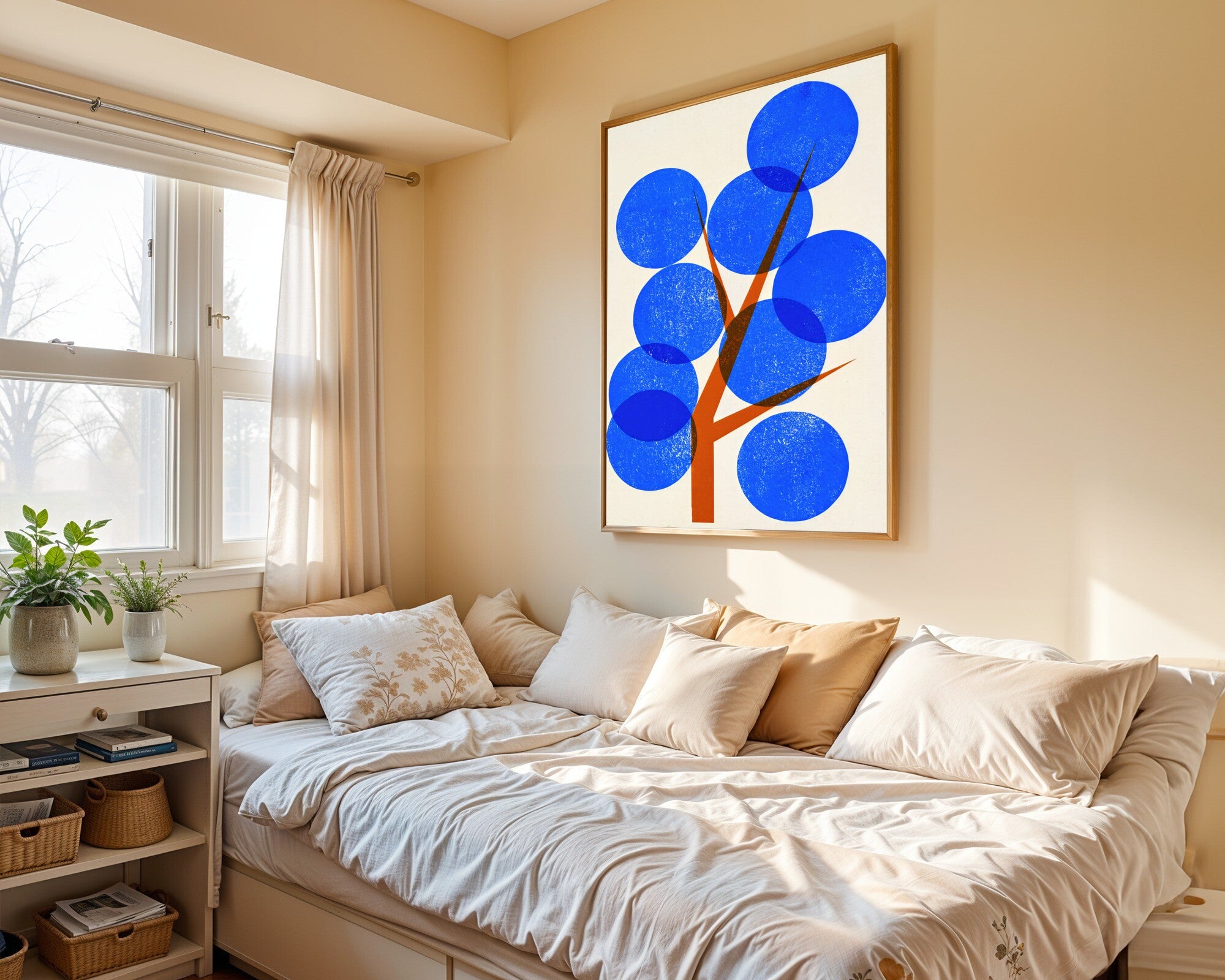 Silver Tree Bauhaus Wall Art, Geometric Abstract Art Print in Azure & Burnt Orange — room-p-bed-gold