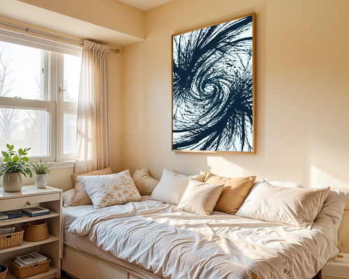Centrifugal Void, Duotone Sumi-E Ink Wall Art | Abstract Brushstroke Art Print — room-p-bed-gold