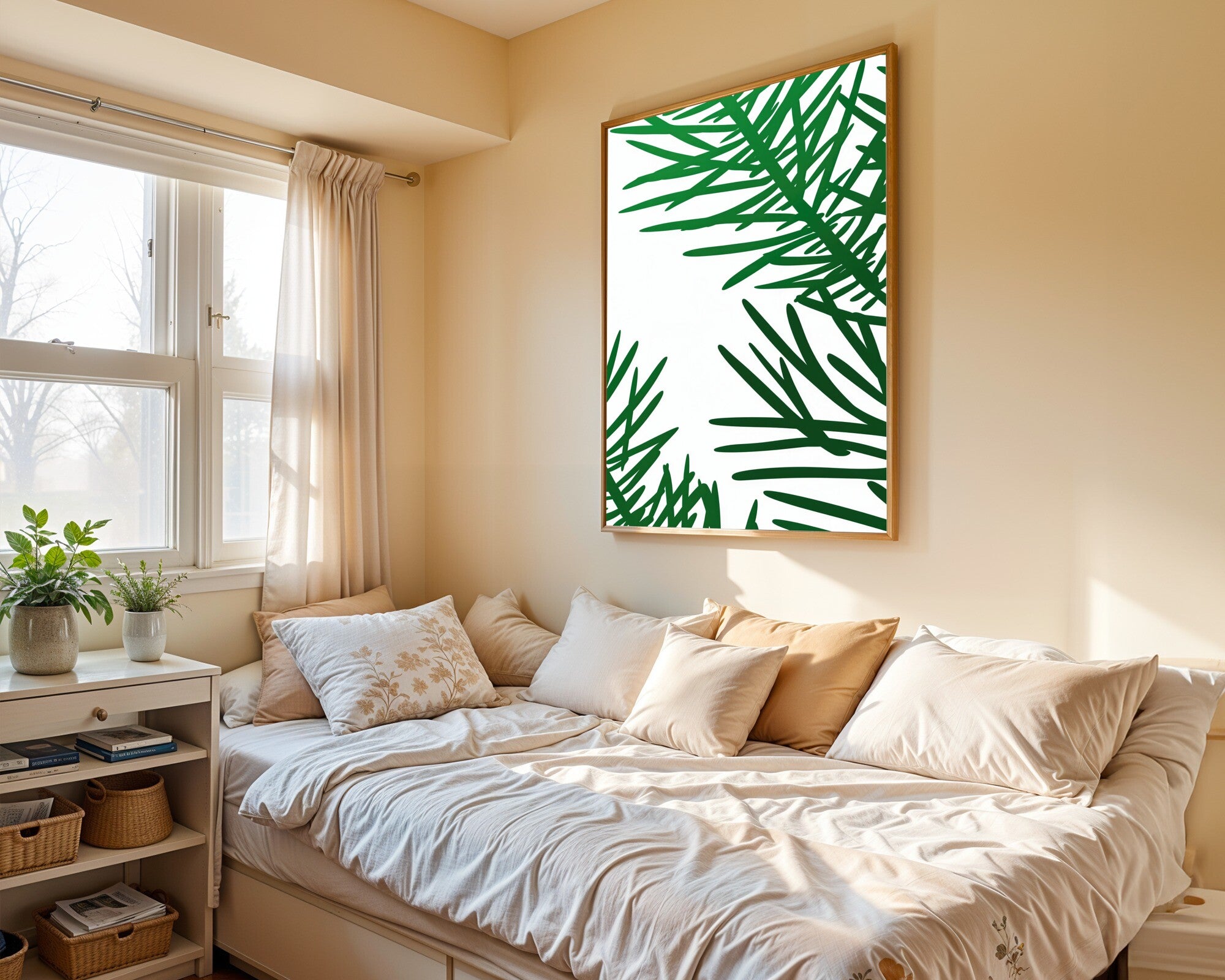 Viridian Spruce Branch Art Print | Minimalist Botanical Wall Art | Oriental Line Art — room-p-bed-gold