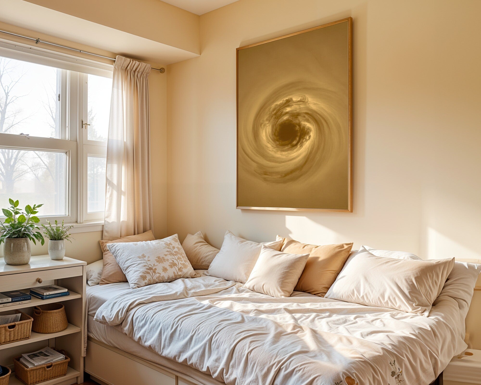 Orbital Gravity, Abstract Cosmic Art Print in Ochre & Sienna | Monoprint Wall Art — room-p-bed-gold