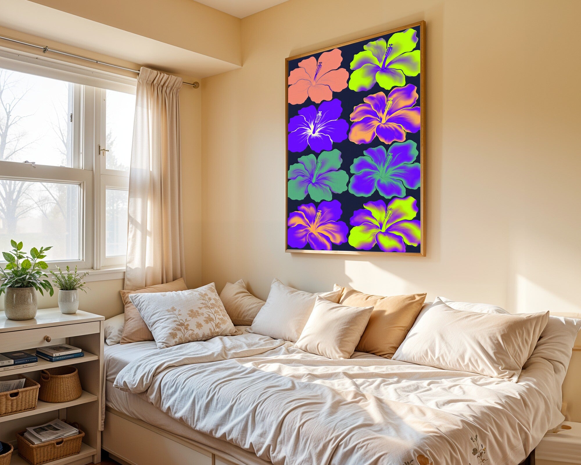 Hibiscus Silhouette Wall Art, Psychedelic Botanical Art Print in Iris, Salmon & Lime — room-p-bed-gold