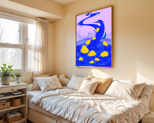 Abstract Heron Wall Art Print | Sapphire, Chartreuse & Lilac | Flowing Bird Art — room-p-bed-gold