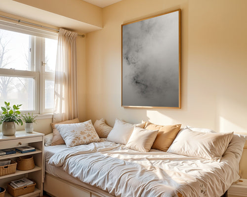 Charcoal Mist Art Print | Monochrome Abstract Wall Art | Atmospheric Graphite Gesture — room-p-bed-gold