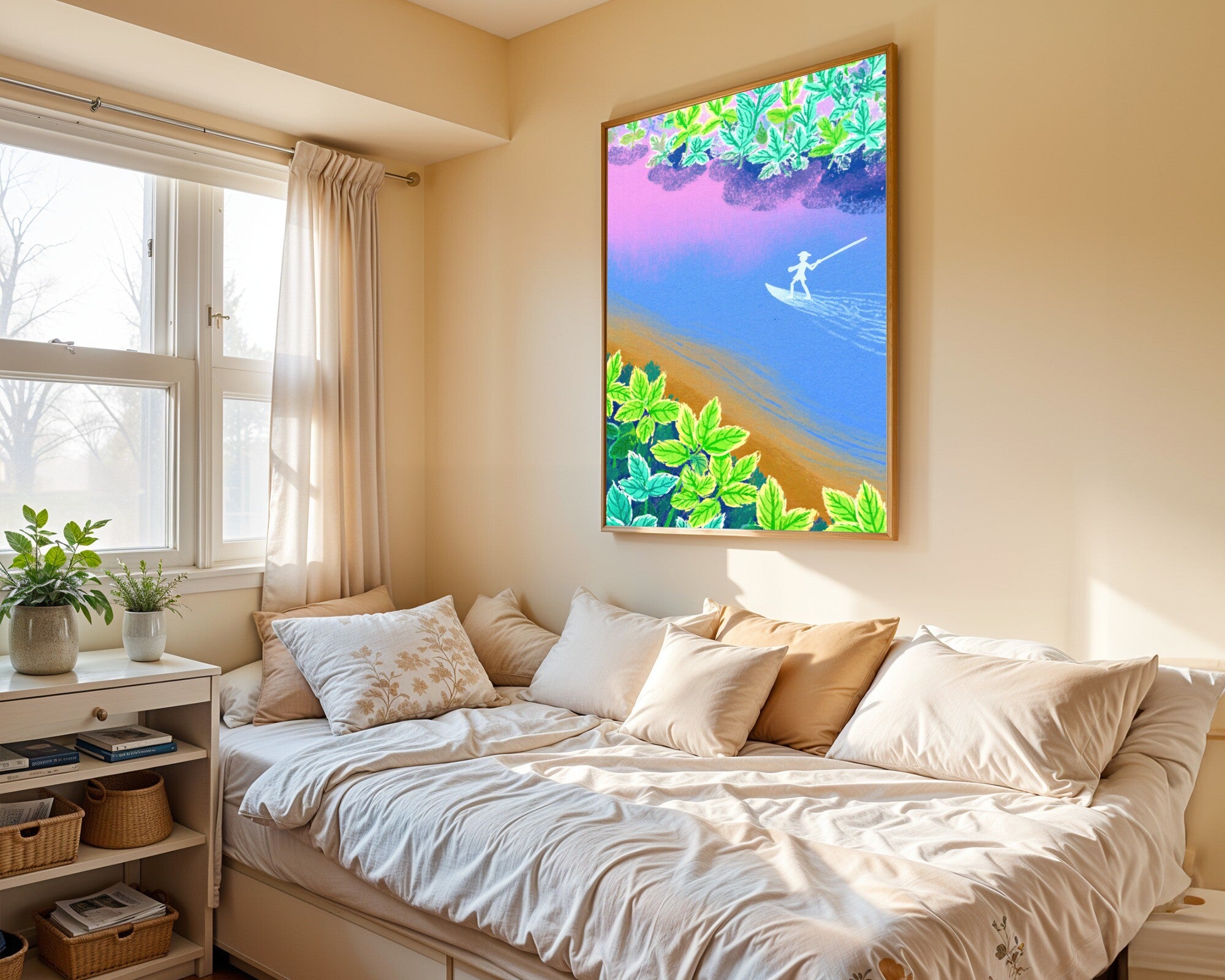 Coureur de Bois Wall Art | Vivid Boreal River Art Print | Chalk Pastel Wilderness Explorer — room-p-bed-gold