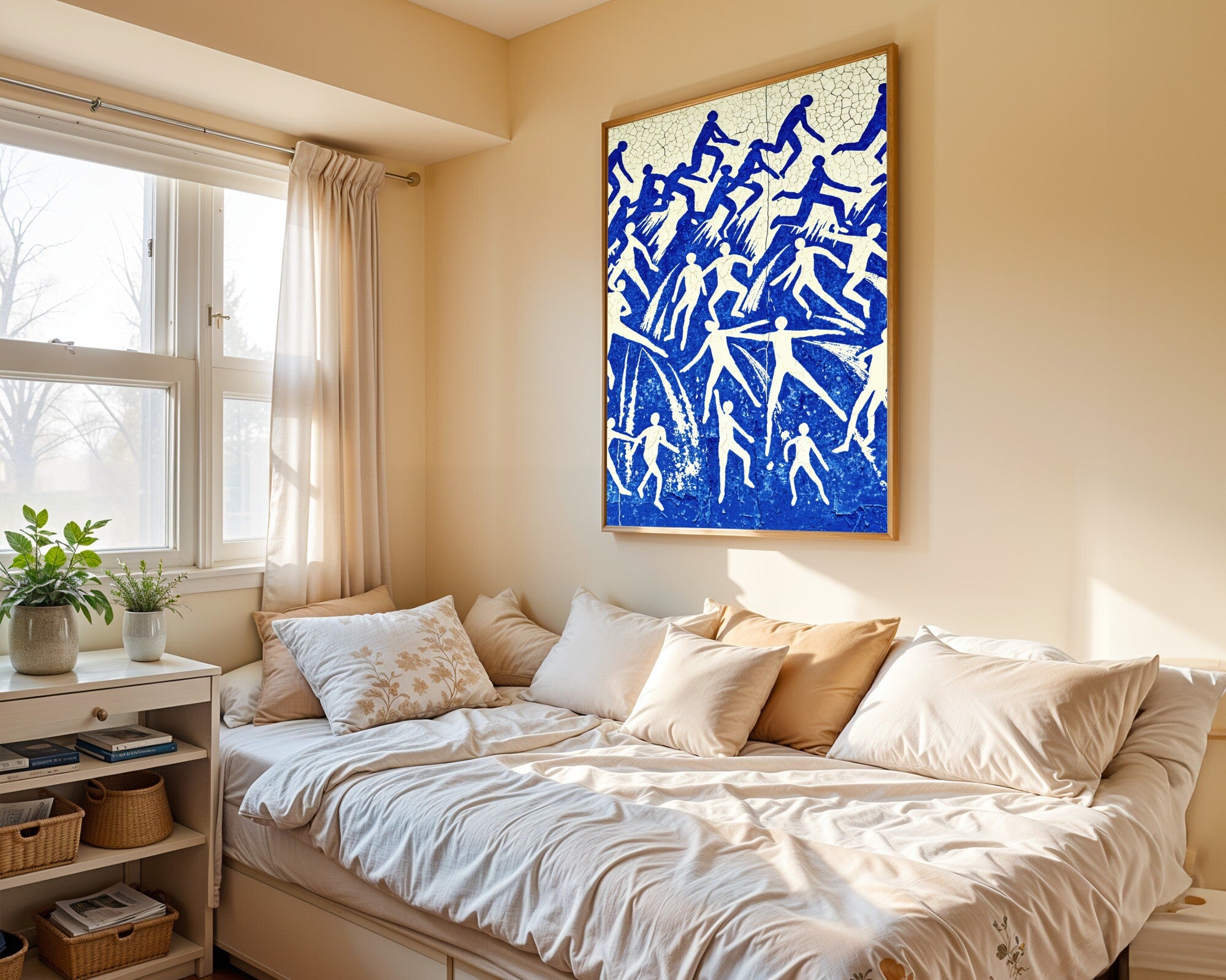 Swept Silence, Indigo & Cream Gestural Abstract Wall Art — room-p-bed-gold