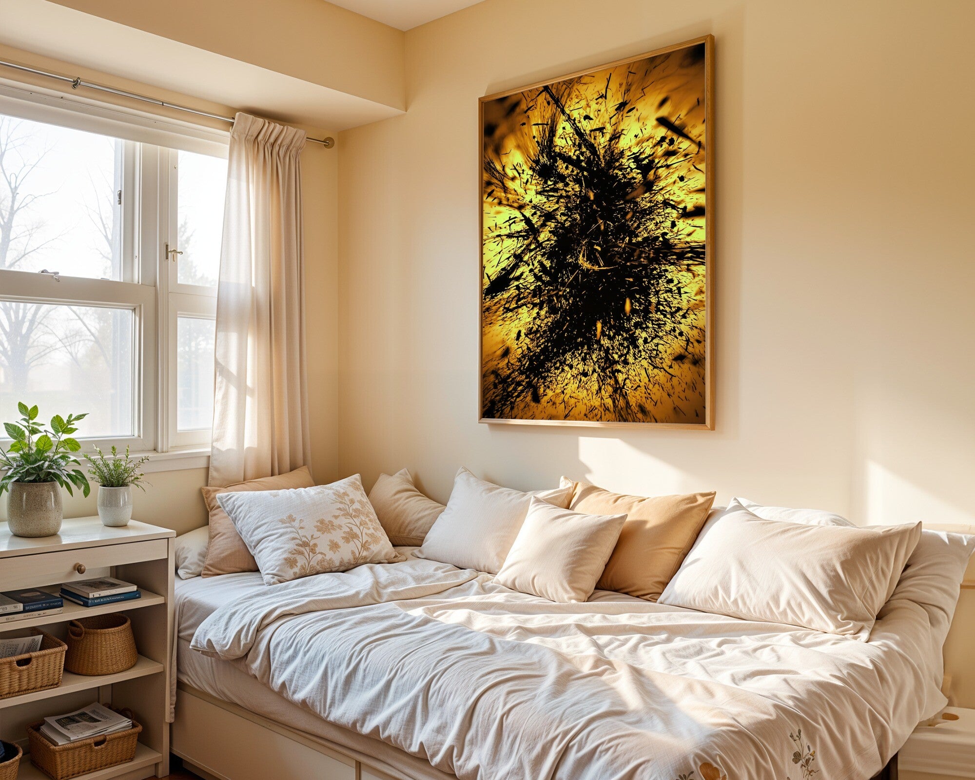 Turbulent Echoes Abstract Art Print | Charcoal & Amber Duotone Bold Wall Art — room-p-bed-gold