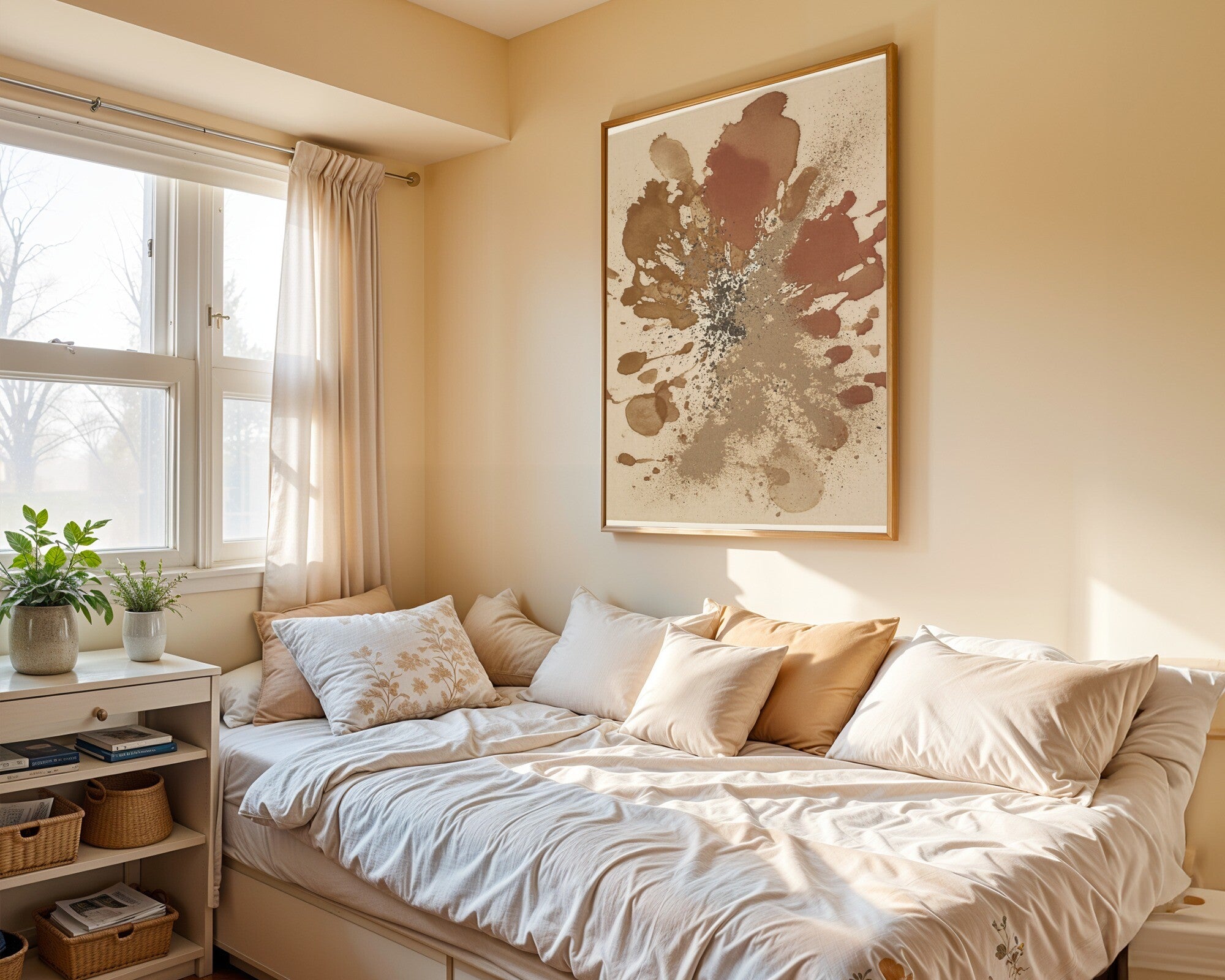 Gathering, Earth Tone Abstract Art Print | Monoprint Wall Art in Umber & Terracotta — room-p-bed-gold