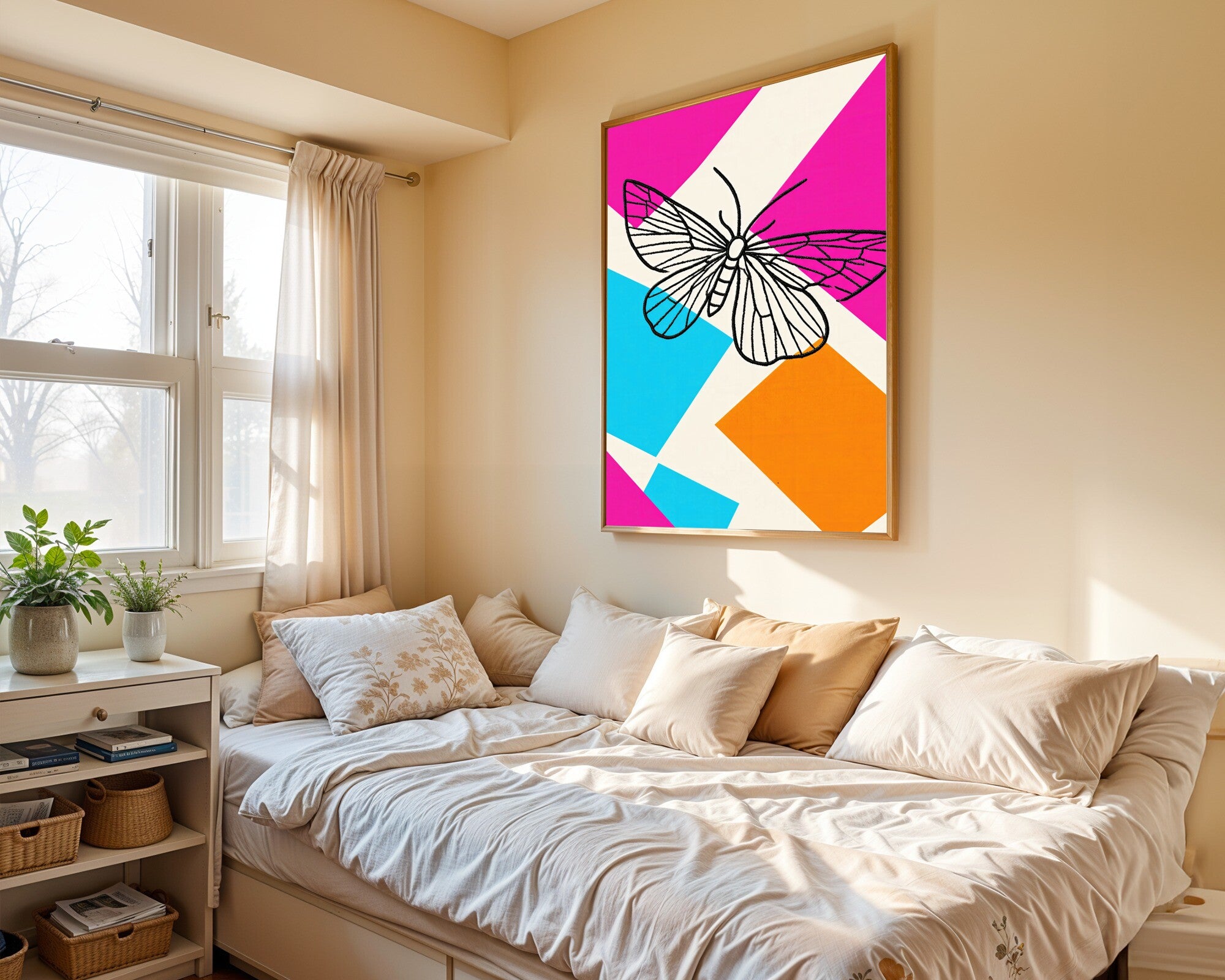 Cecropia Moth Art Print | Minimalist Line Embroidery Wall Art in Cyan, Pink & Tangerine — room-p-bed-gold