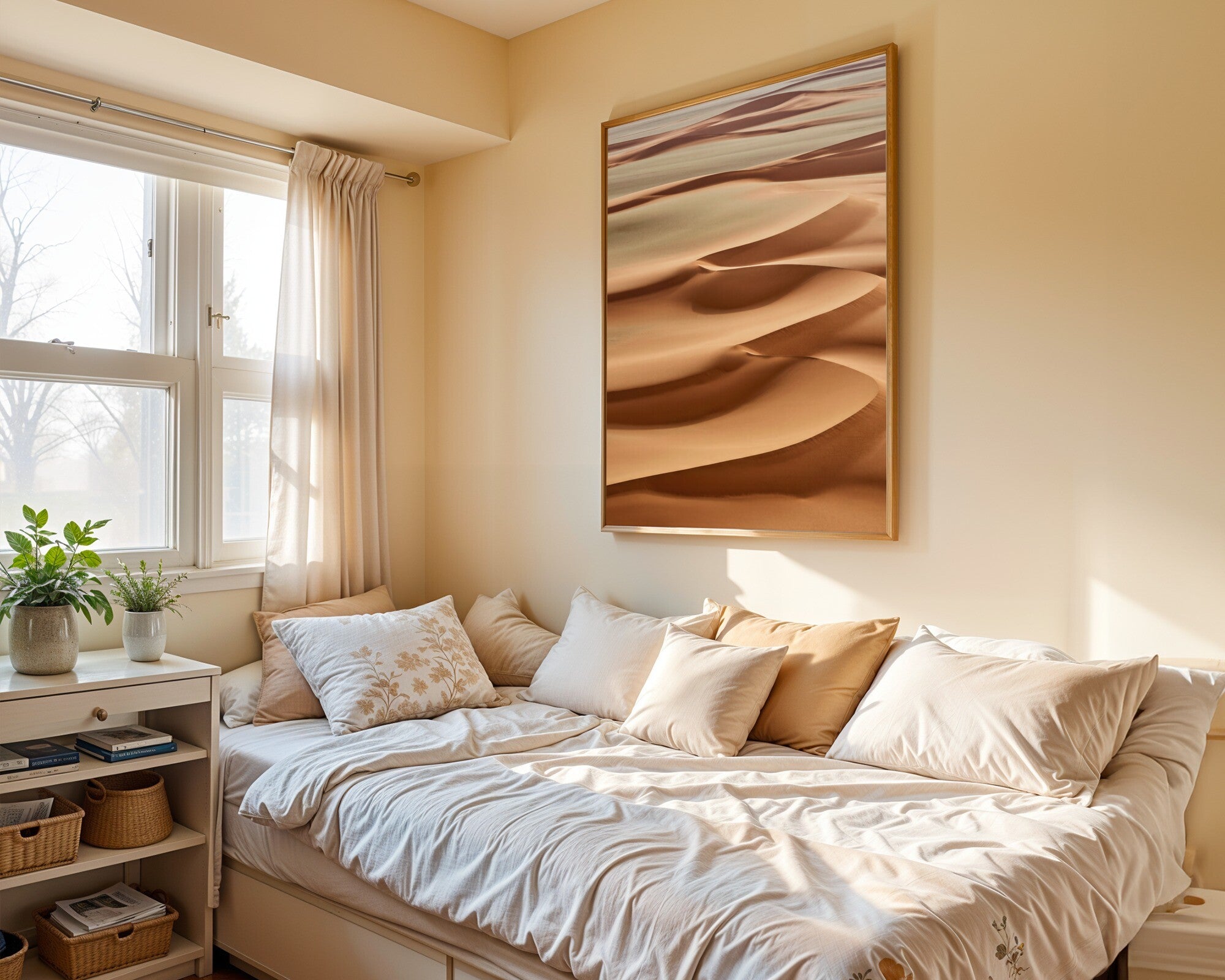 Terracotta Sweep, Abstract Art Print | Earth Tone Wall Art | Contemporary Home Decor — room-p-bed-gold
