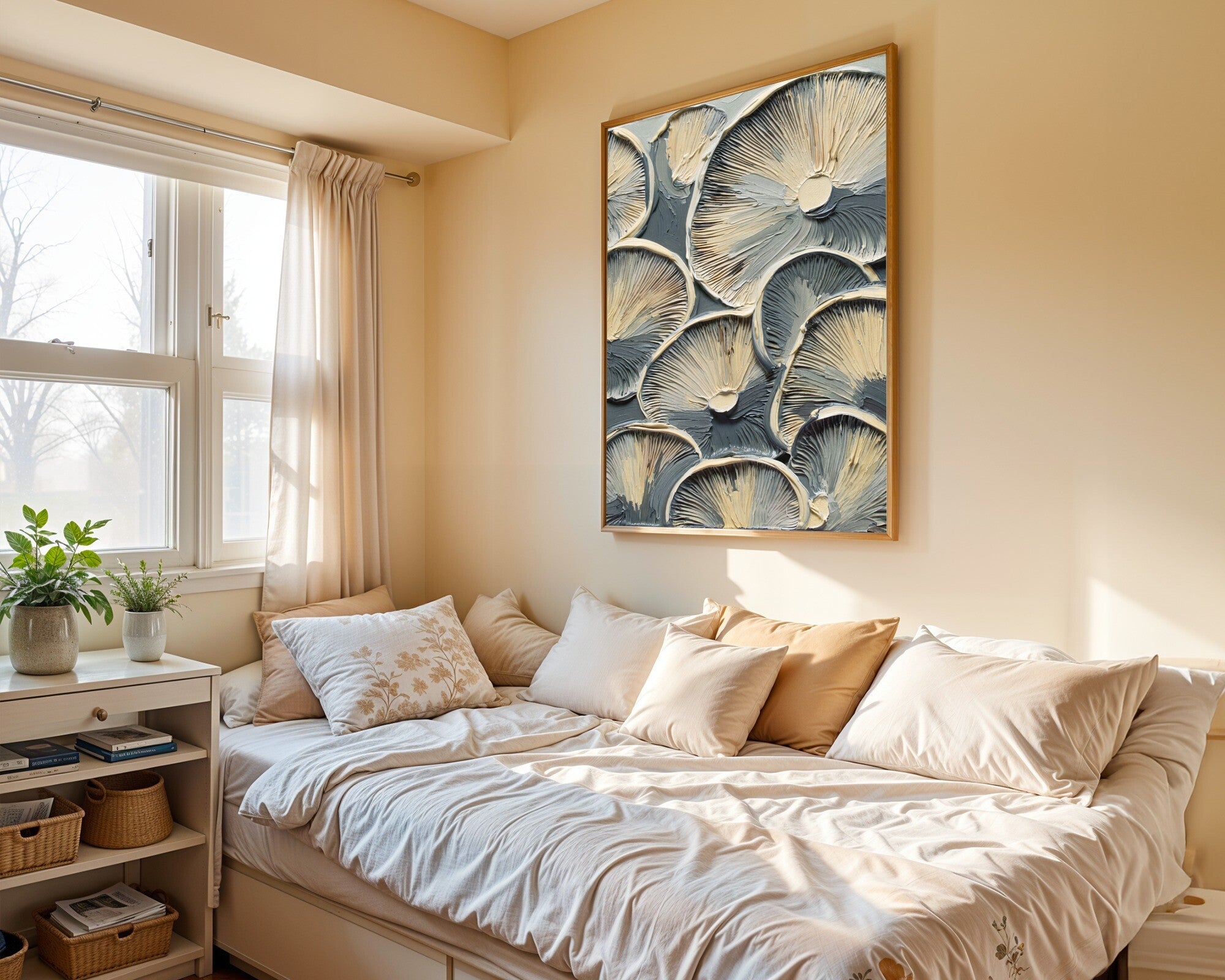 Mushroom Gills Art Print, Minimal Spattered Impasto Study, Warm Grey & Pewter Wall Art — room-p-bed-gold