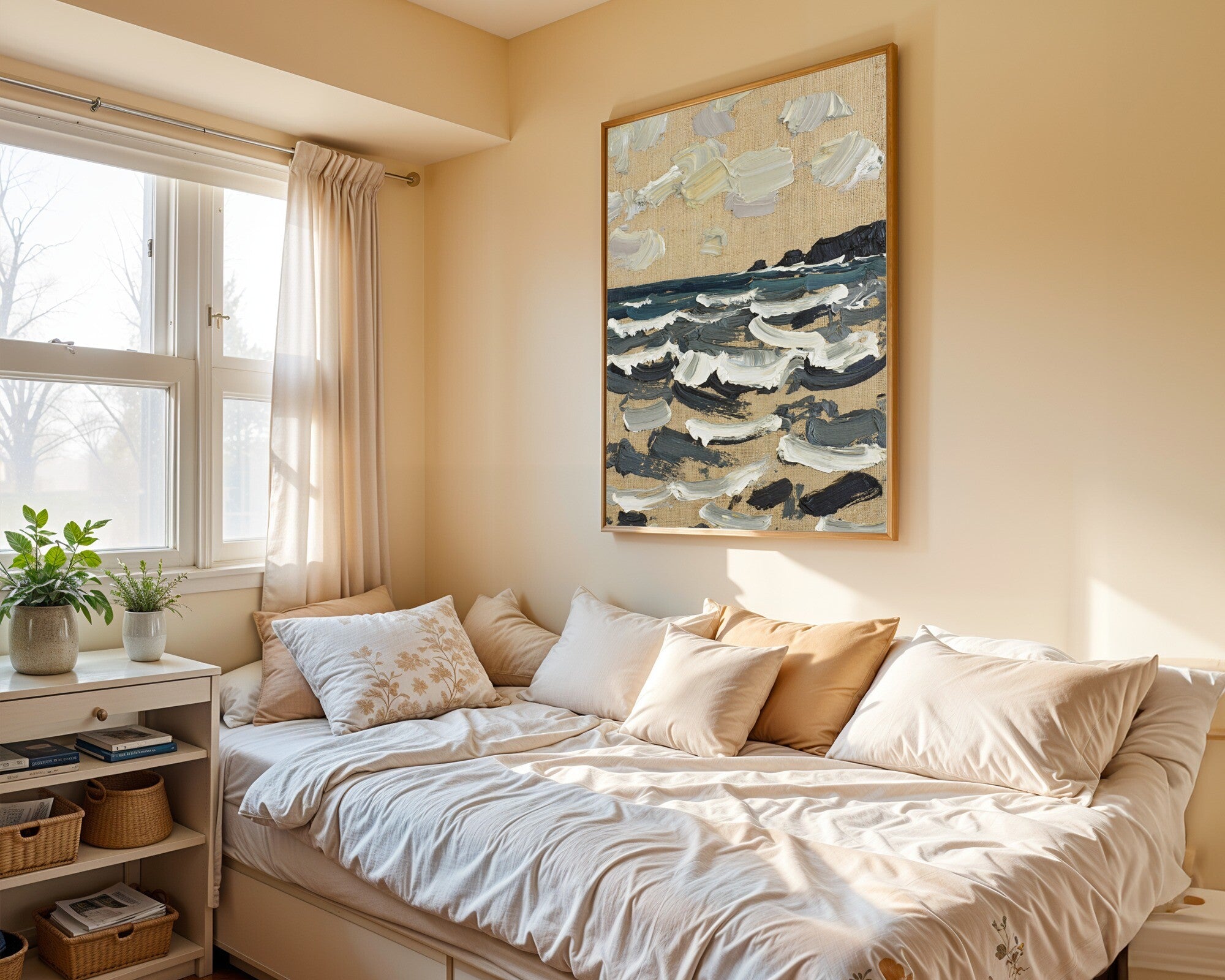 The Offing · Gestural Maritime Art Print | Abstract Impasto Seascape in Achromatic Grey & Graphite — room-p-bed-gold