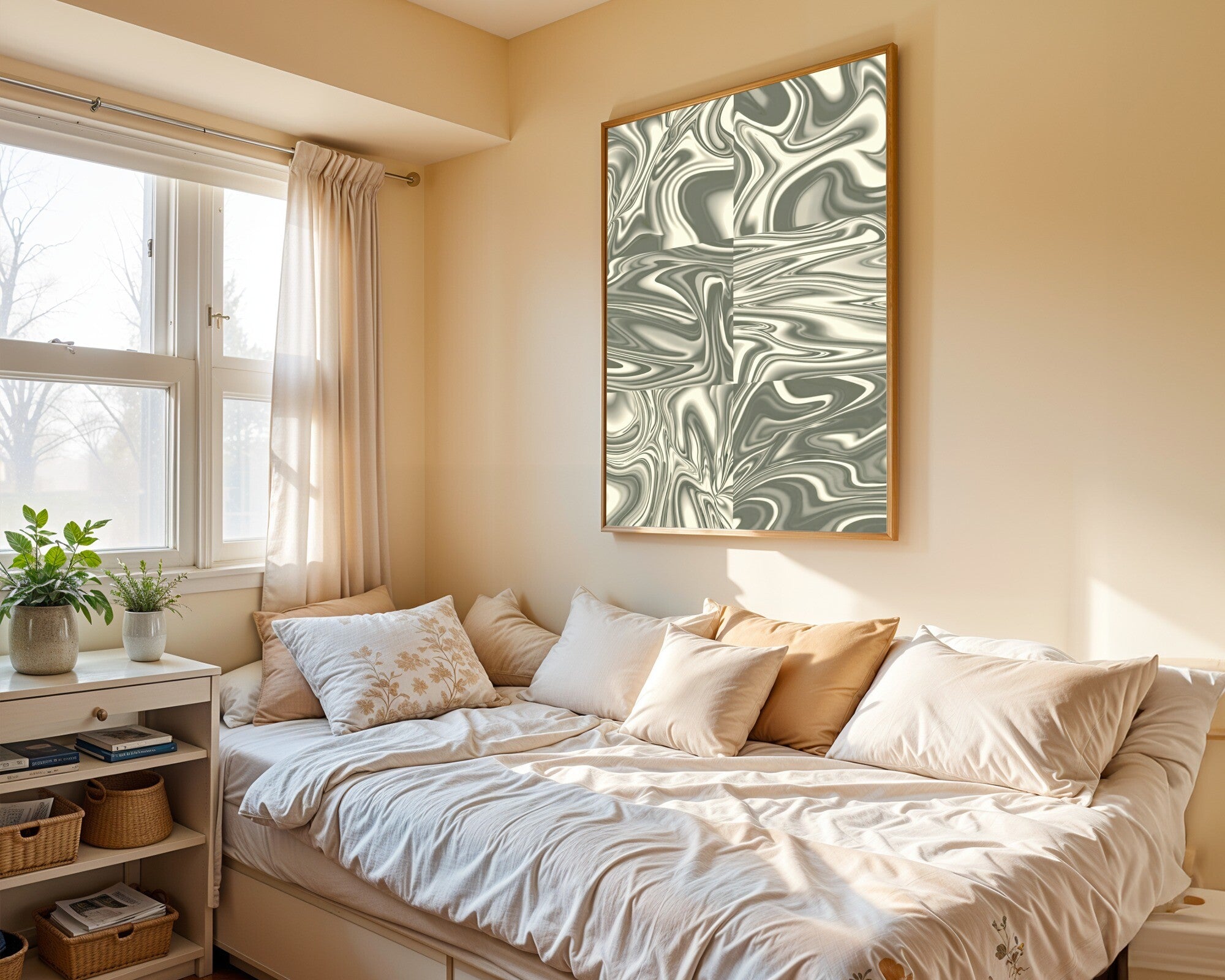 Psychedelic Liquid Light Wall Art, Abstract Contact Sheet Print in Bleached Neutrals — room-p-bed-gold