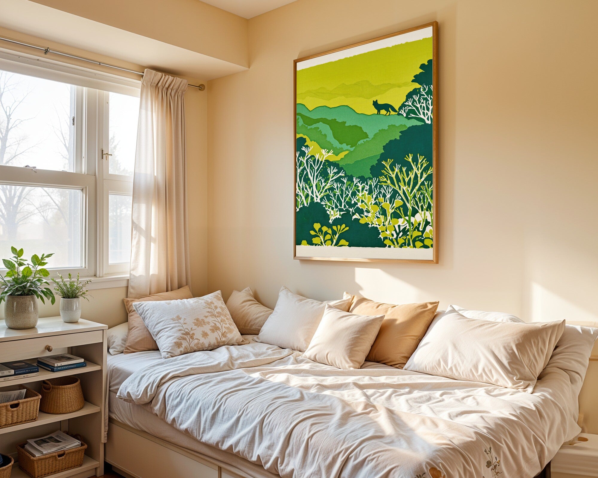 The Fox at Dusk, Graphic Risograph Art Print | Green Botanical Wall Art — room-p-bed-gold