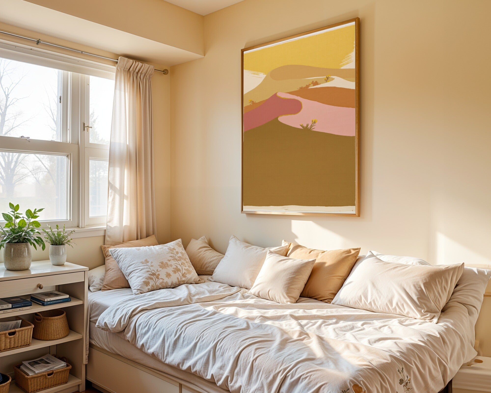 Risograph Desert Dunes Art Print | Geometric Wall Art in Ochre and Rose — room-p-bed-gold