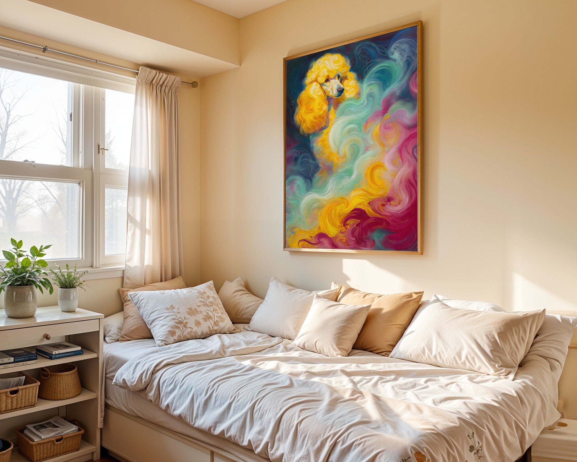 Poodle in Mist, Aqua Fuchsia Gold Abstract Animal Art Print for Wall — room-p-bed-gold