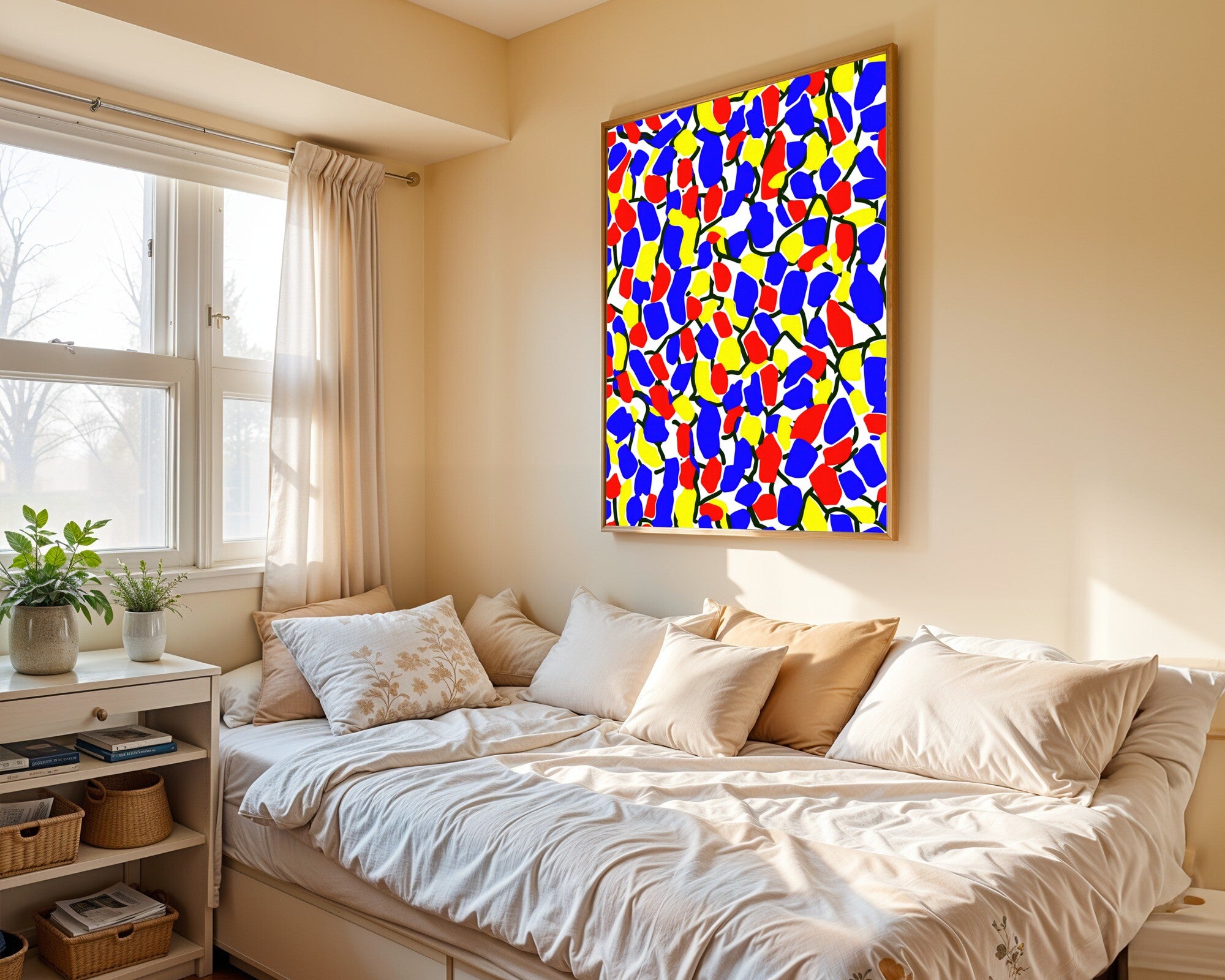 Fractured Field, Bold Primary Colour-Field Abstract Wall Art Print | Red Blue Yellow — room-p-bed-gold