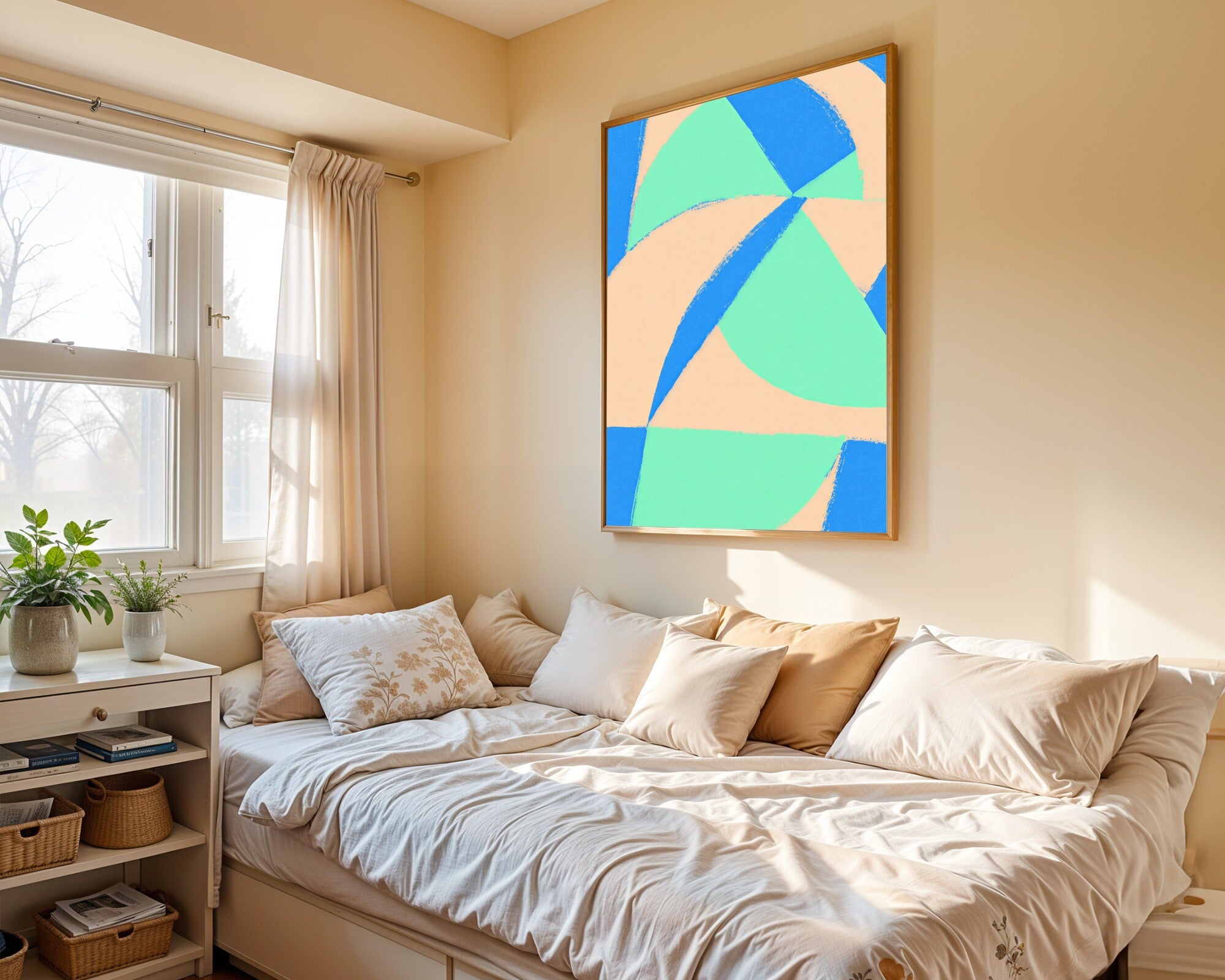 Pastel Geometric Wall Art, Hard-Edge Crescents & Triangles | Apricot Mint Blue Abstract Art Print — room-p-bed-gold