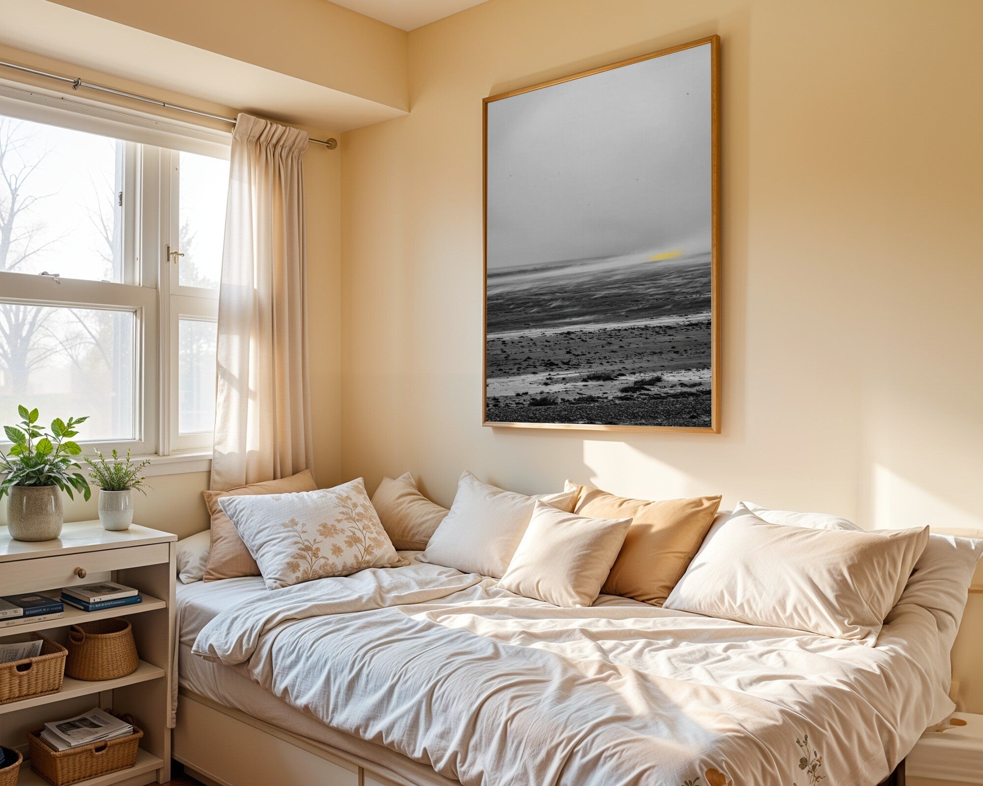 Parched Wind, Graphite Landscape Wall Art | Minimalist Monochrome Art Print with Sulphur Accent — room-p-bed-gold