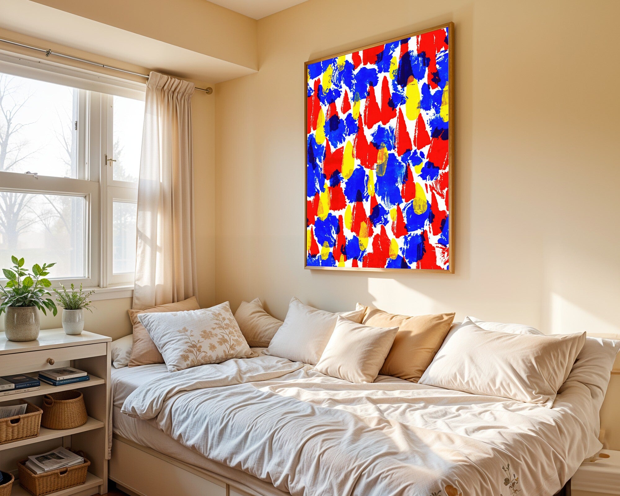 Primary Impulse, Abstract Gestural Wall Art | Red Blue Yellow Monoprint Art Print — room-p-bed-gold
