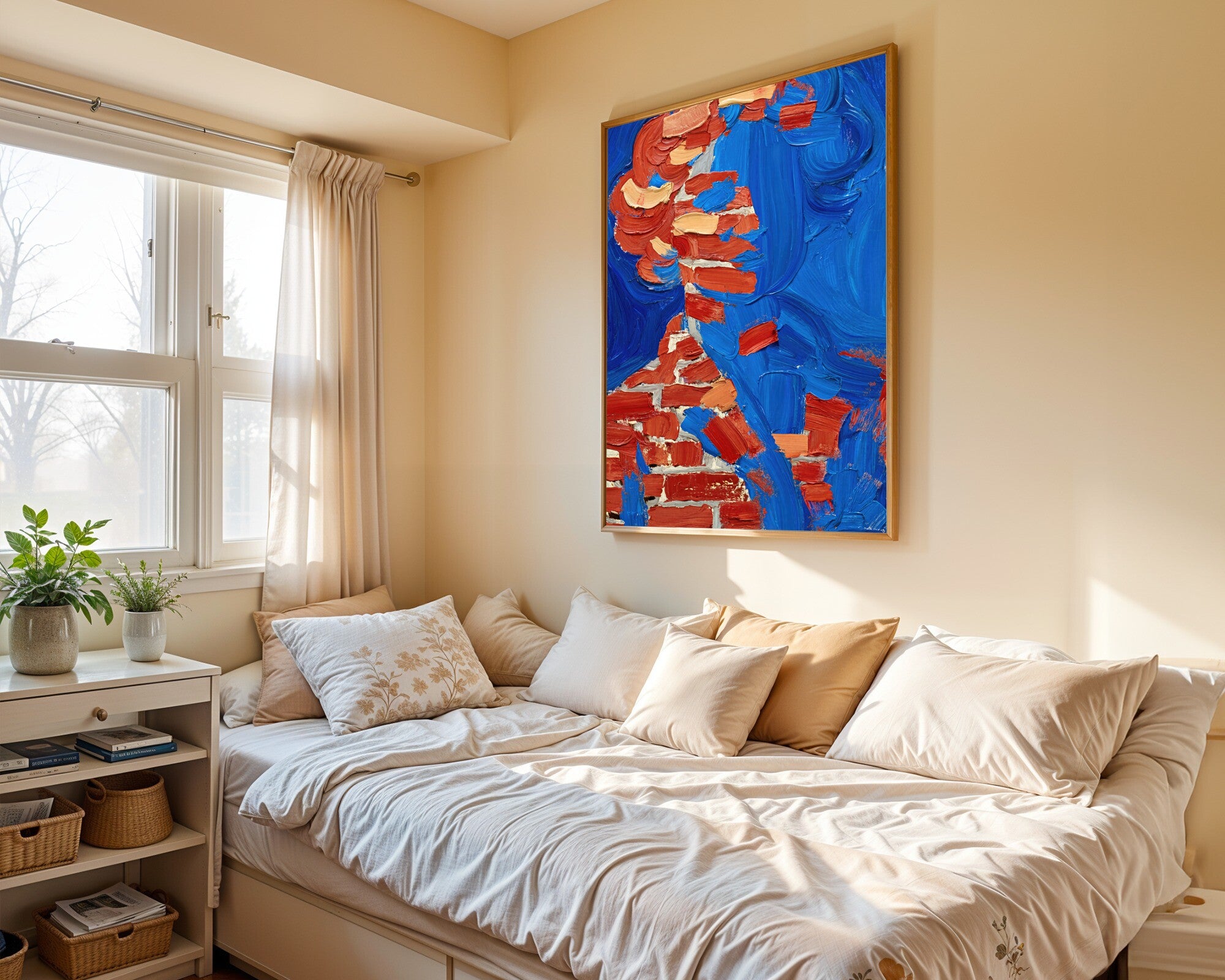 Monumental Figure Wall Art | Gestural Impasto Portrait Print in Brick Red, Pine & Royal Blue — room-p-bed-gold
