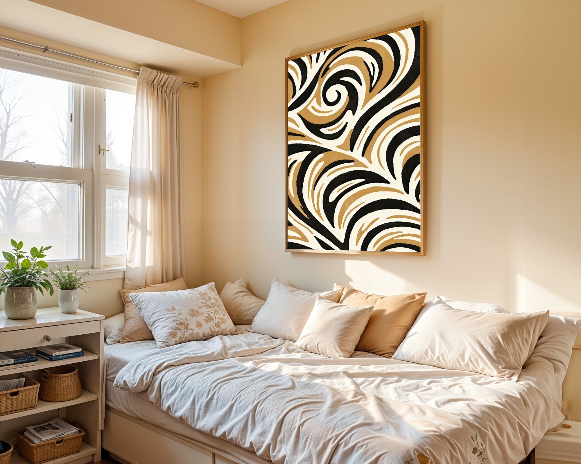 Rhythmic Arcs, Abstract Art Print | Organic Curves Wall Art in Charcoal, Cream & Sepia — room-p-bed-gold