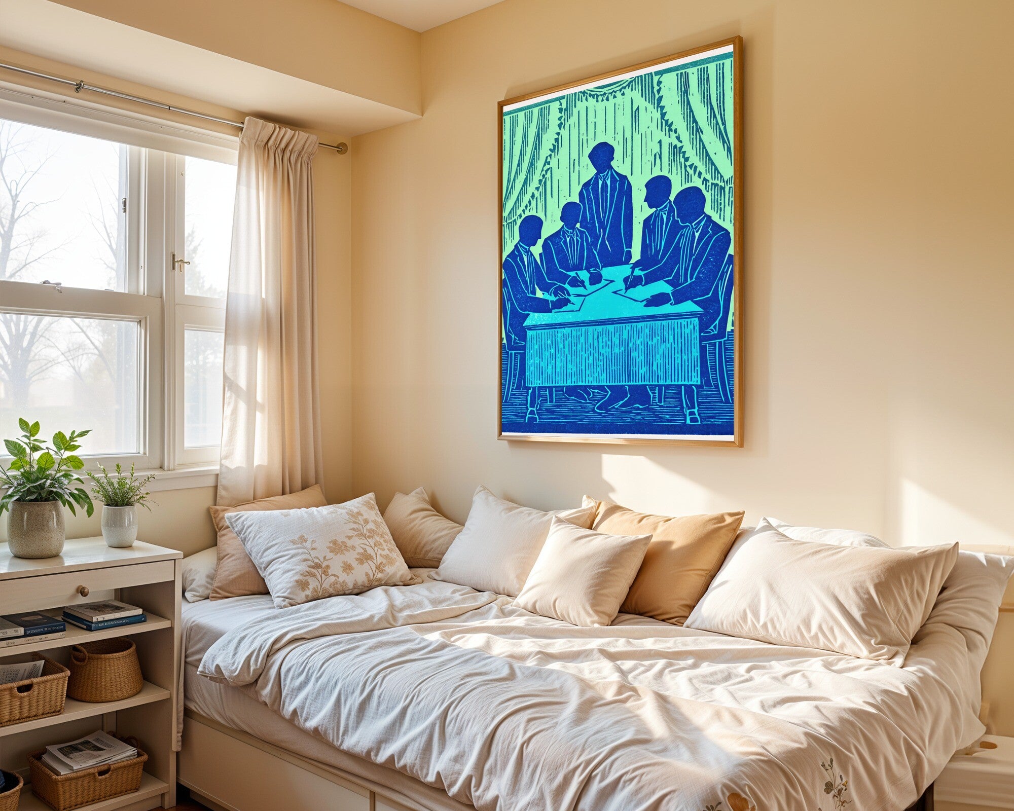 The Armistice, Linocut Wall Art Print | Figurative Silhouettes in Spearmint & Cobalt — room-p-bed-gold