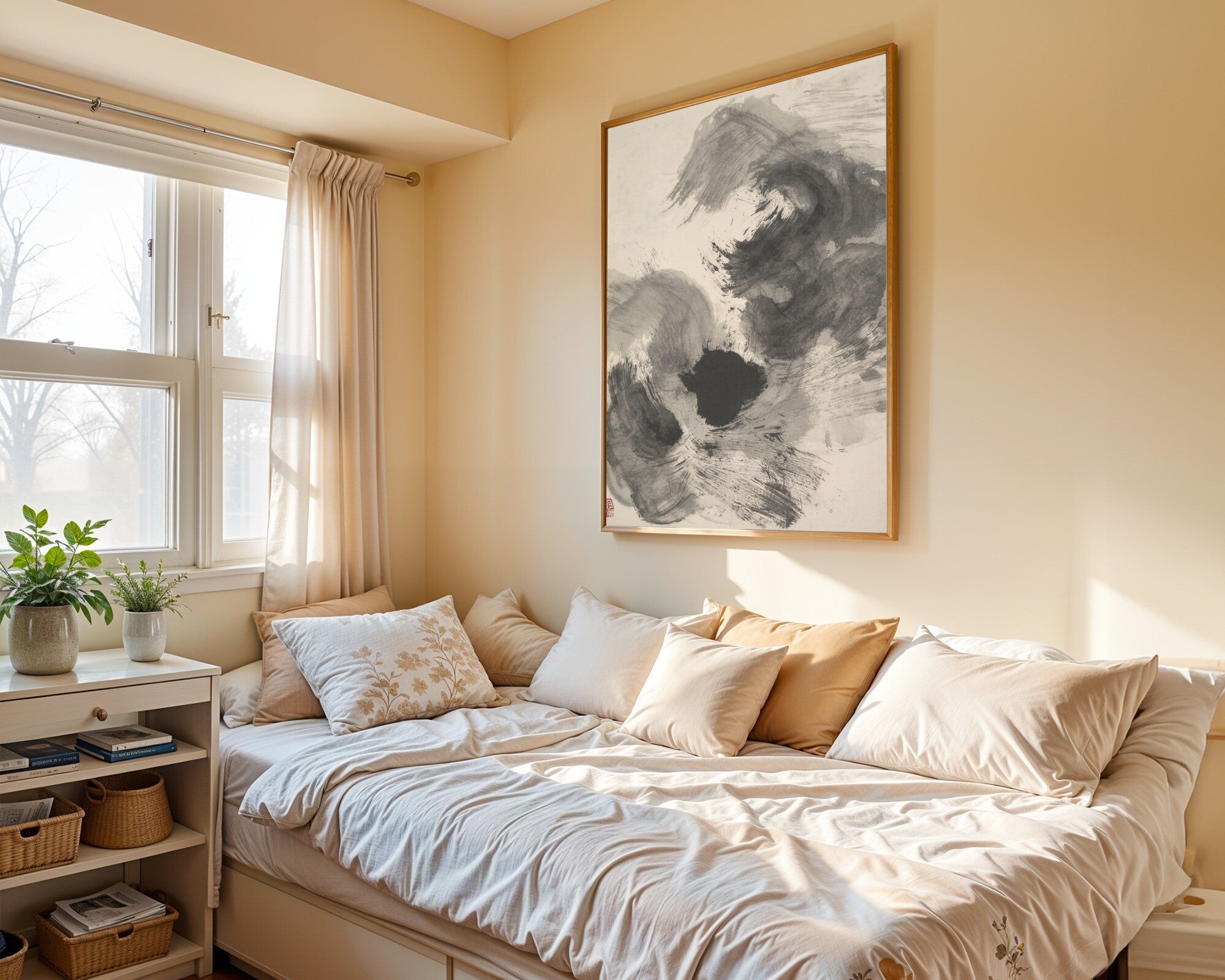 Ashen Drift, Sumi-e Ink Wash Wall Art, Tonal Monochrome Abstract Art Print — room-p-bed-gold