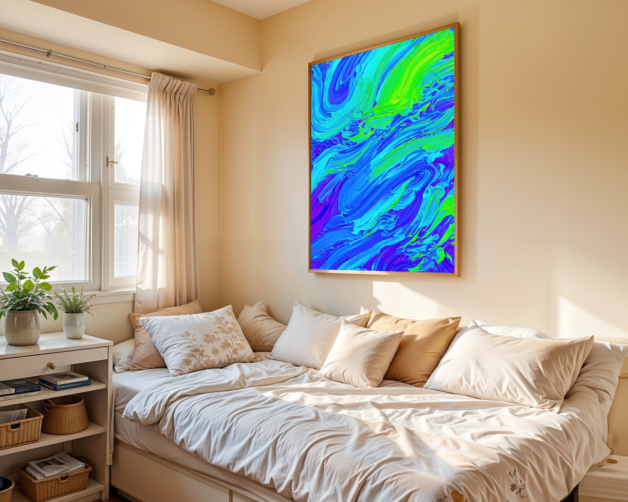 Neon Surge, Electric Impasto Abstract Art Print | Gestural Colour-Field Wall Art in Cyan, Violet & Lime — room-p-bed-gold