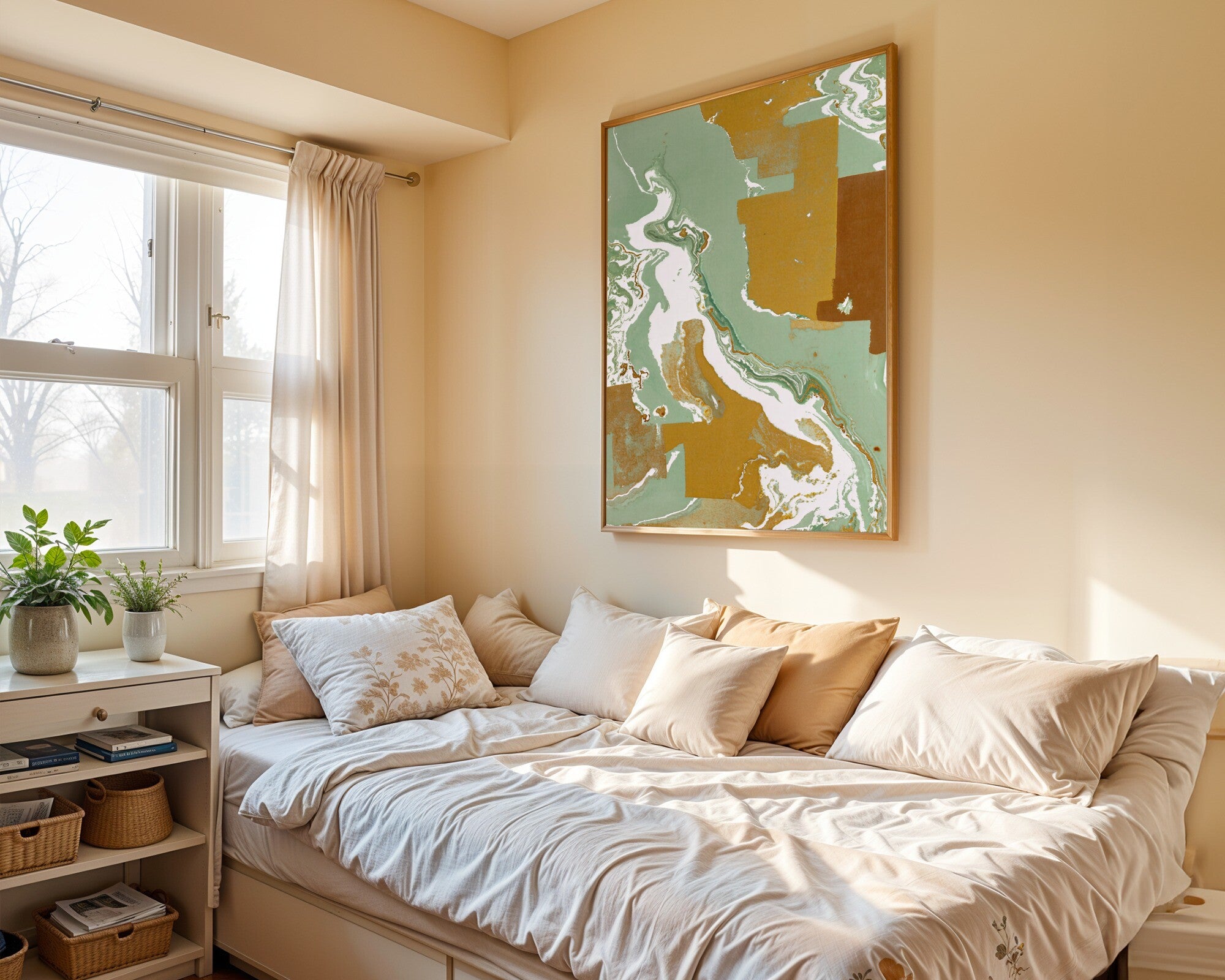 Sage & Umber · Abstract Monoprint Wall Art | Earthy Geometric Art Print — room-p-bed-gold