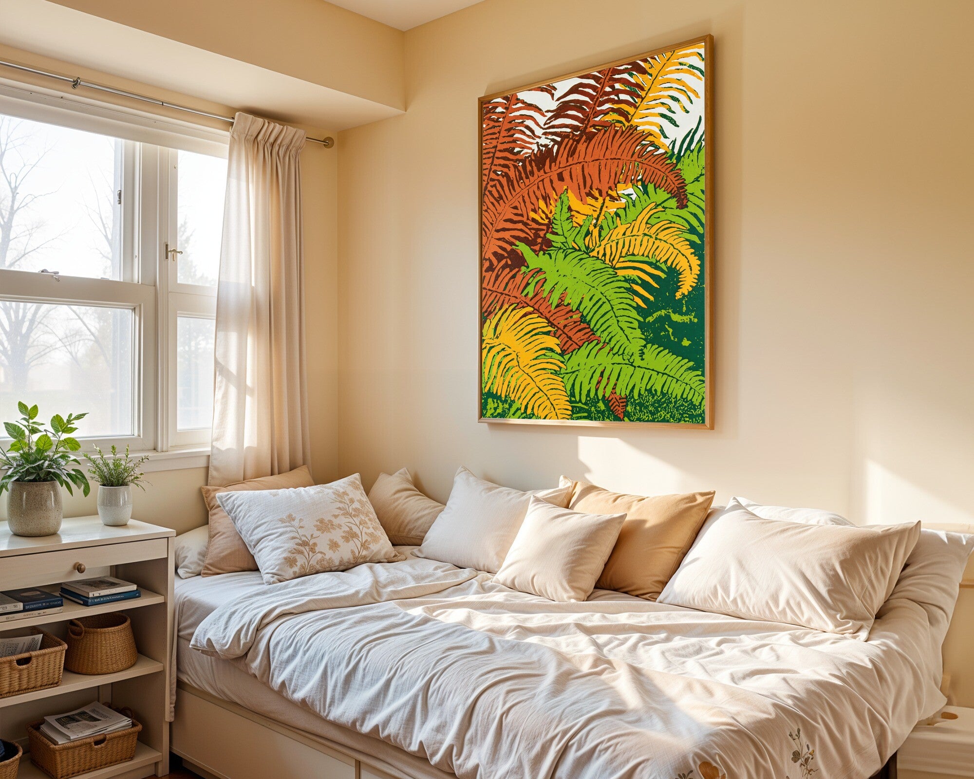 Fern Canopy, Botanical Risograph Art Print | Lush Wall Art for Plant Lovers — room-p-bed-gold