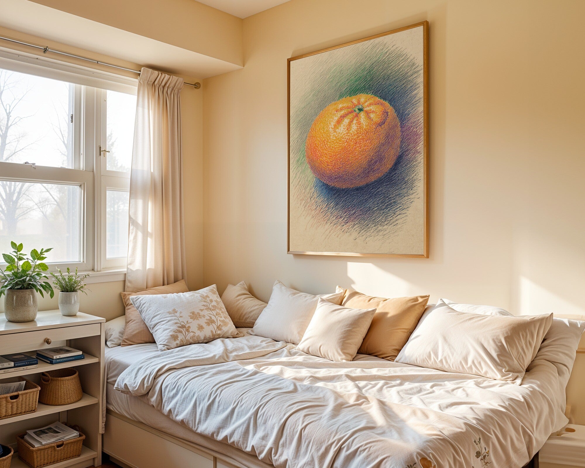 Navel Orange Void, Pointillist Art Print | Muted Tangerine, Emerald & Cobalt Wall Art — room-p-bed-gold