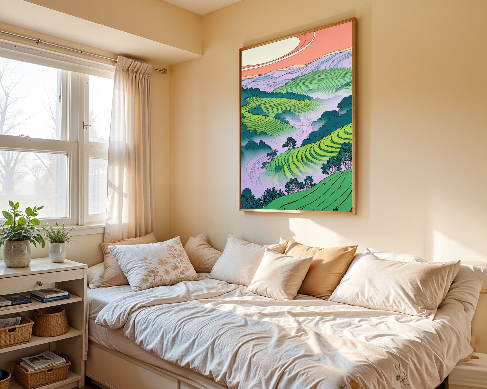 Kotagiri Hills Art Print | Art Nouveau Tea Terraces Wall Art | Sea Green & Lilac — room-p-bed-gold