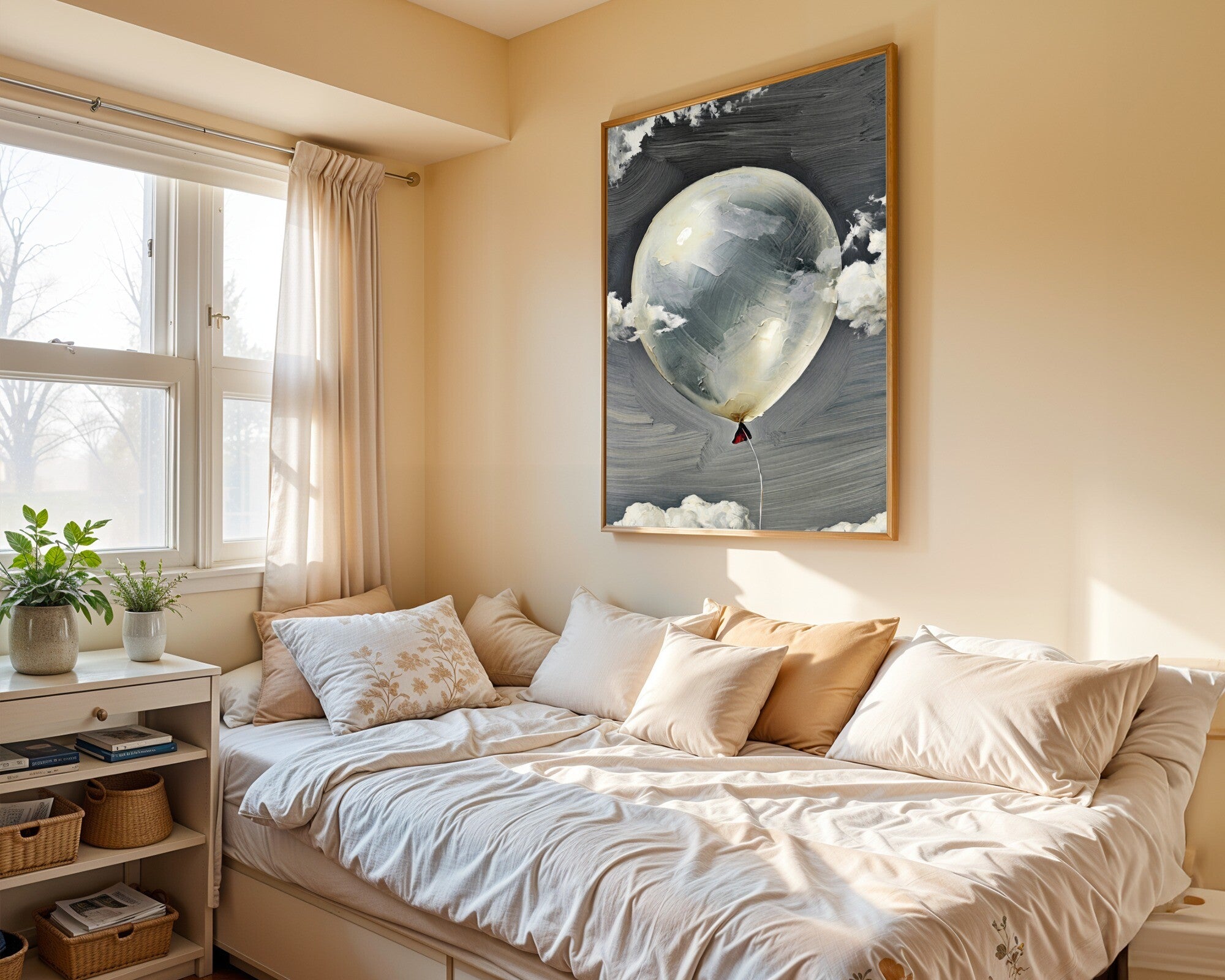 Adrift in Silence, Abstract Balloon Wall Art Print | Encaustic Texture | Achromatic Cloud Art — room-p-bed-gold