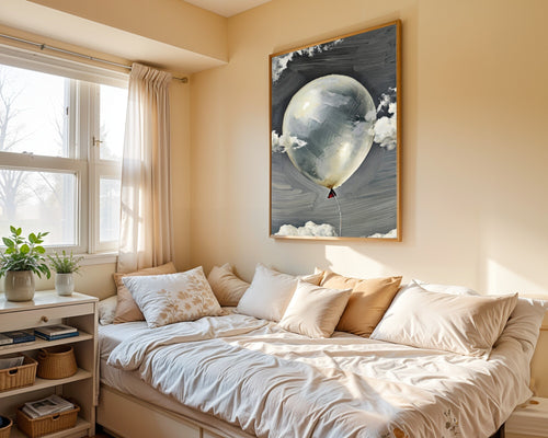 Adrift in Silence, Abstract Balloon Wall Art Print | Encaustic Texture | Achromatic Cloud Art — room-p-bed-gold