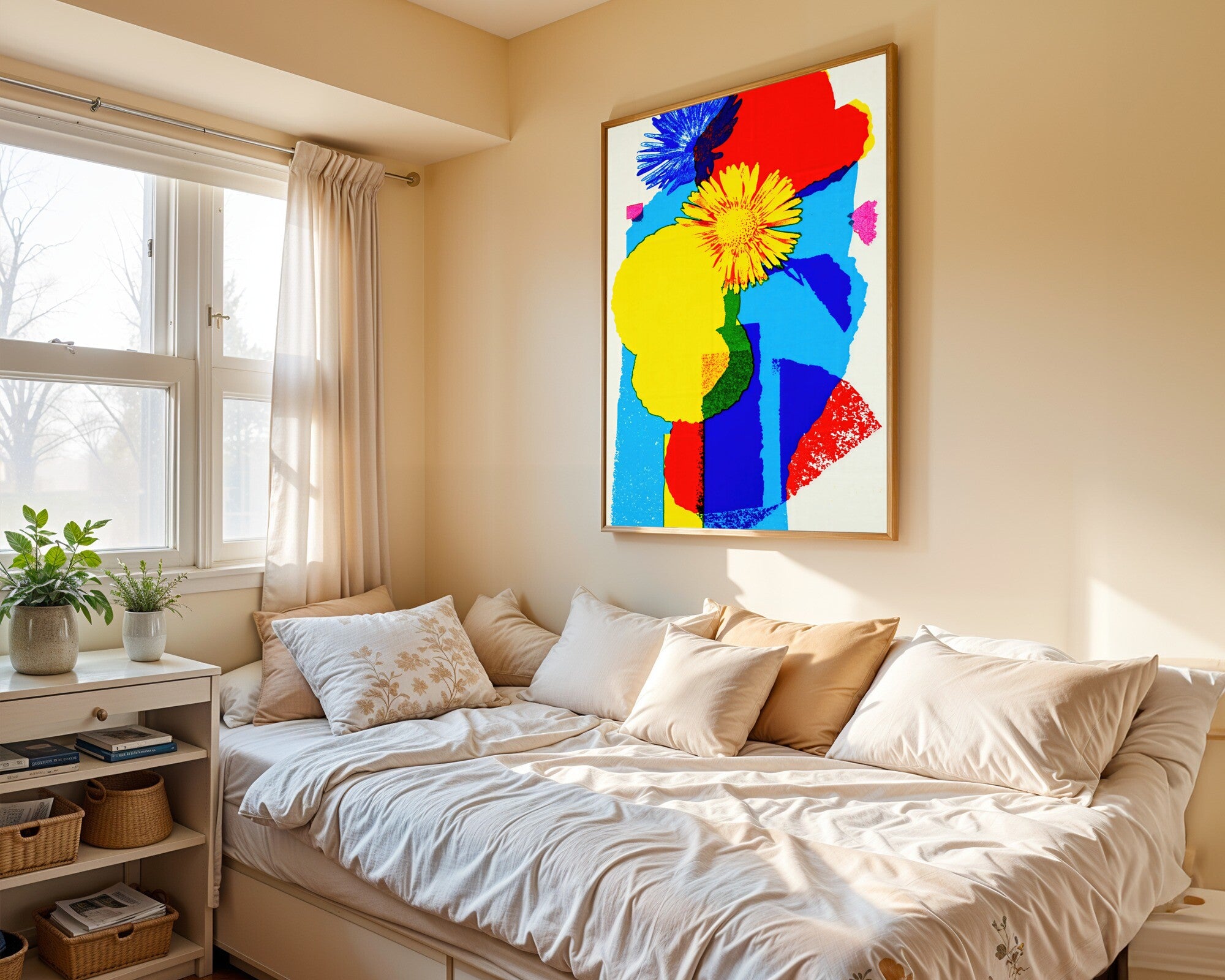 Impossible Bloom, Risograph Botanical Art Print, Surrealist Floral Wall Art in Vibrant Primaries — room-p-bed-gold